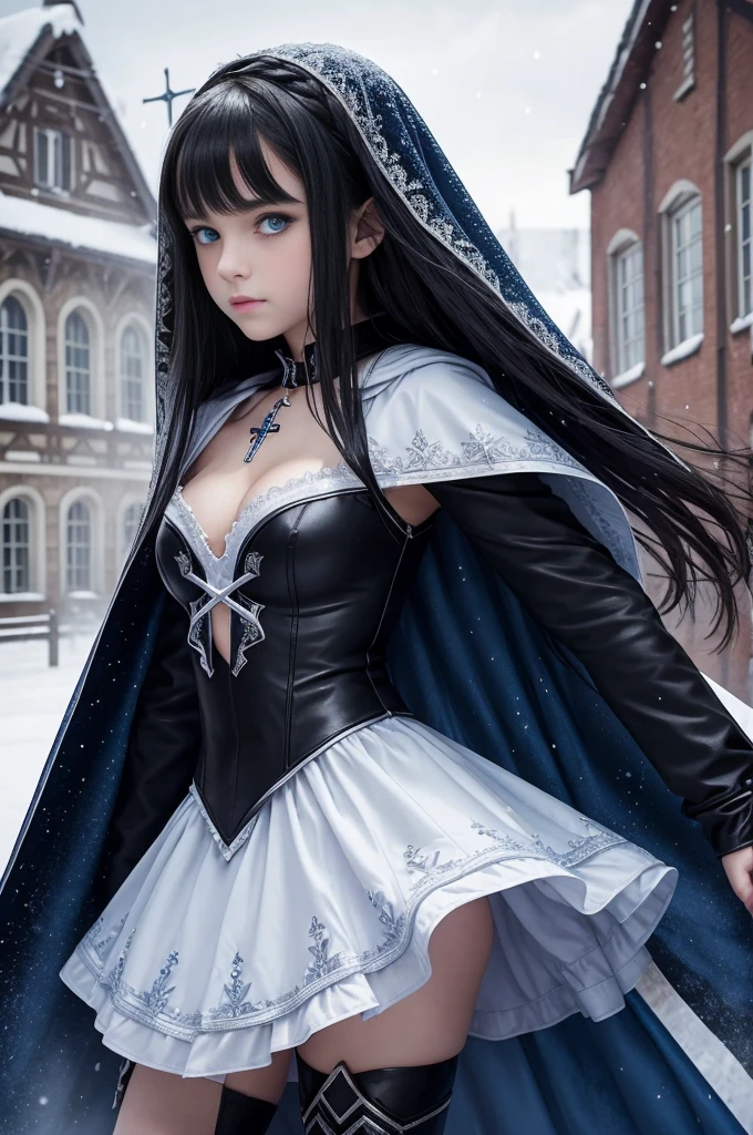 TeEn girl, evil, teenager(1.3),13 years old, teen girl, very small breats, black hair and blue eyes, detailed face, angelical face,cleavage, small breasts, dress with cape, desing with christian cross ,background in snow in prussia