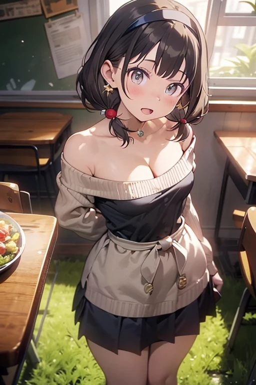 (from above:1.0),(from side:0.9),masterpiece, 1girl, Amazing Cleavage:1.1, thin waist, big ???, Raised ????, small ??????: 1.3, posed cleavage:1.2、solo, looking at viewer, open mouth, have a cute grass of cute beergrass,black hair, dark green eyes, dress, ???? shoulders, jewelry, collarbone, sidelocks, hairband, earrings, indoors, off shoulder, :o, sweater, arms behind back, plant, short hair with long locks, gild hairband, off-shoulder dress, sweater dress, off-shoulder sweater, red sweater, dark gord hair, big side hair, very long side hair,is rendered in (masterpiece: 1.2, best quality), with (ultra high resolution) and an exquisite (depth of field). This masterpiece is not only visually stunning but also tells,A scene of cooking in the kitchen by classroom
