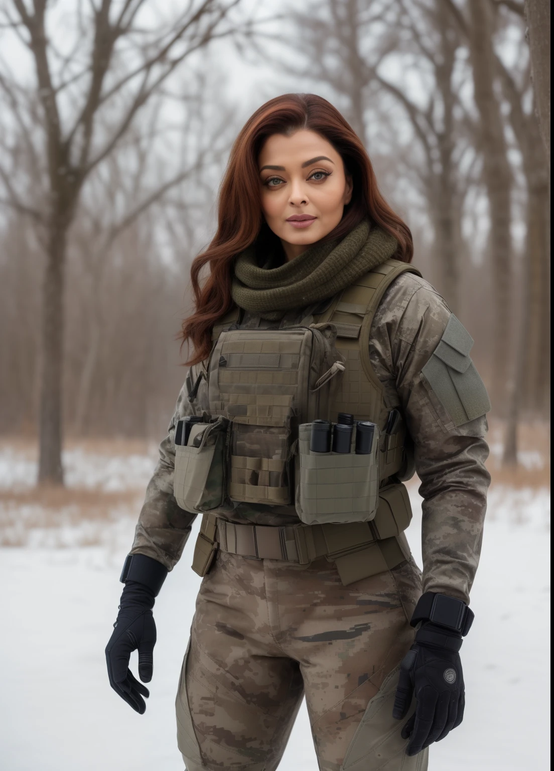 45yo MATURE MILF AISHWARYA RAI, (photorealistic), beautiful lighting, best quality, realistic, full body portrait, real picture, intricate details, depth of field, 45-years-old, in a cold snowstorm, a wings, A very muscular solider girl with haircut, wearing winter camo military fatigues, camo plate carrier rig, combat gloves, (magazin pouches), (kneepads), highly-detailed, perfect face, hazel eyes, lips, wide hips, small waist, tall, make up, tacticool, Fujifilm XT3, outdoors, bright day, Beautiful lighting, RAW photo, 8k uhd, film grain, ((bokeh))