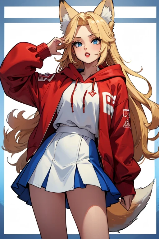 Girl with long blonde hair, hair down, red lips, blonde fox ears and tail, wearing a blue and white hoodie, white and red mini skirt, black leggings