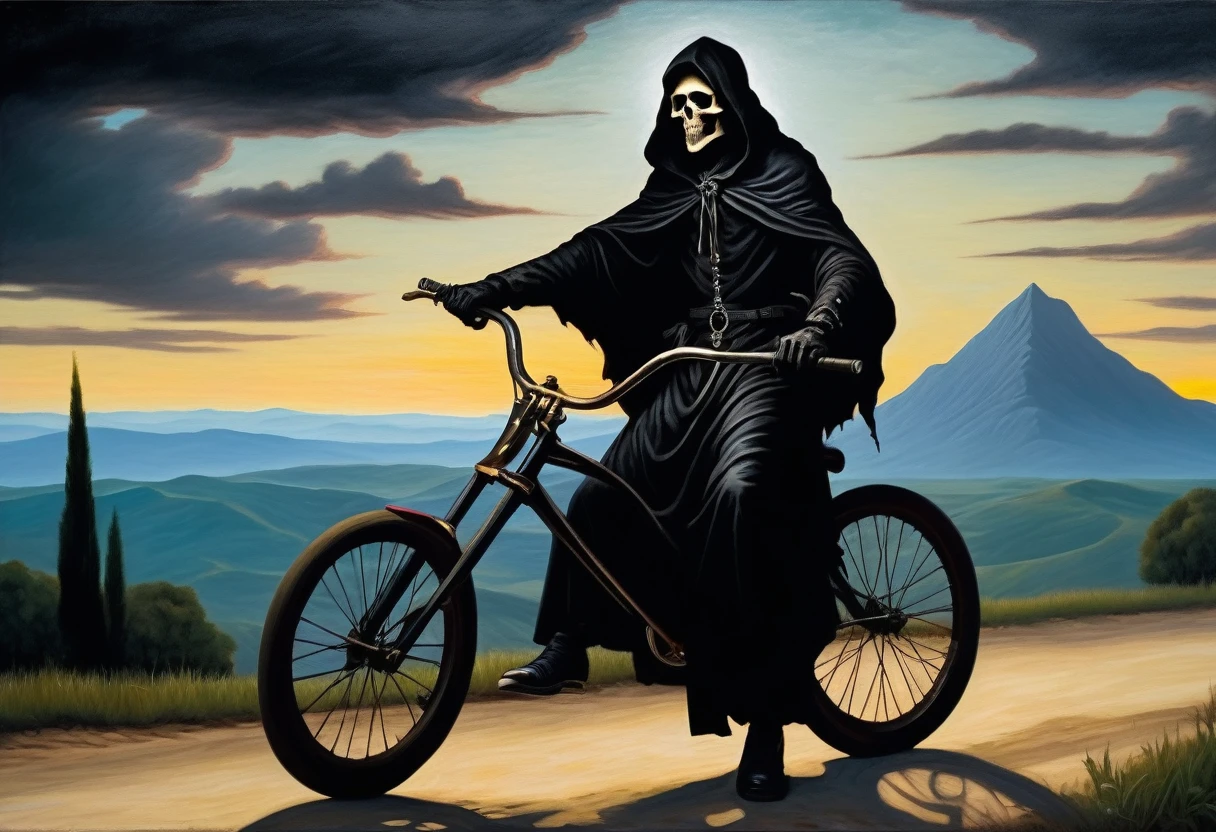[[(front full portrait:  A black grim Reaper with a scythe rides a bike (solo) ((Andrea Solario style!!!))])):20]/[background: landscape
 dark Renaissance, old canva, (noir night), ((landscape style Adam Maniac:1,6))]/[two-color lighting, ((oil painting palette knife))((masterpiece)),((highest detail))]]