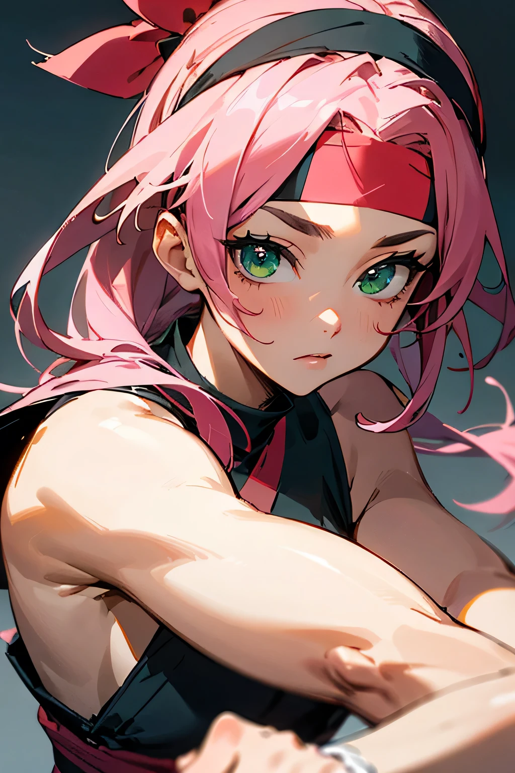 ((best quality)), ((masterpiece)), (detailed), perfect face, sakura haruno , mascular strong , beautiful ,pink hair ,green eyes ,ninja headband ,parted bangs