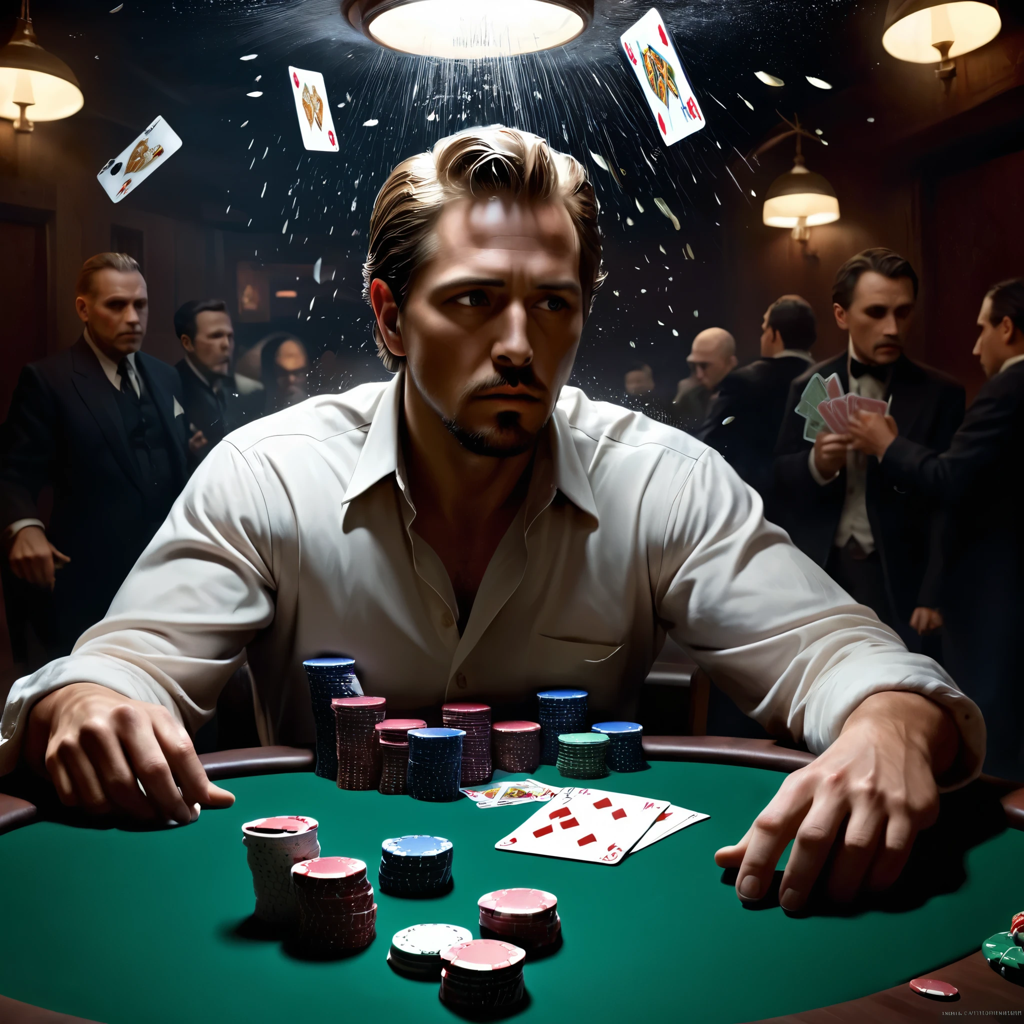 Digital art depicting a high-stakes poker game gone awry, from "Cards, Money, Two Barrels, " where playing cards take flight amidst a tempest of poker chips, embodying the chaos of an "all in" moment, captured with a hyper-realistic double exposure technique, clarity at 32K resolution, exquisitely composed, a trending piece on ArtStation, visuals at a stunning 8K, blending photorealistic concept art with the refined illumination of soft, cinematic composition, masterpiece-level oil painting., ultra-detailed, high contrast shadows emphasizing the grave markers, evoking the film's classic cinematography. High Resolution, High Quality, Masterpiece.best quality, masterpiece, super detail