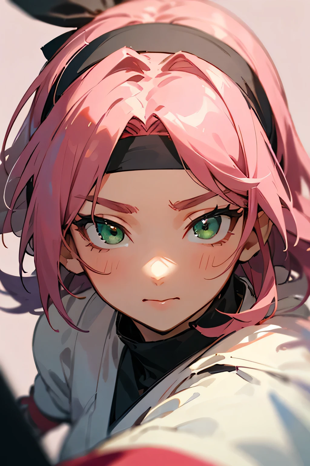 ((best quality)), ((masterpiece)), (detailed), perfect face, sakura haruno , mascular strong , beautiful ,pink hair ,green eyes ,ninja headband ,parted bangs