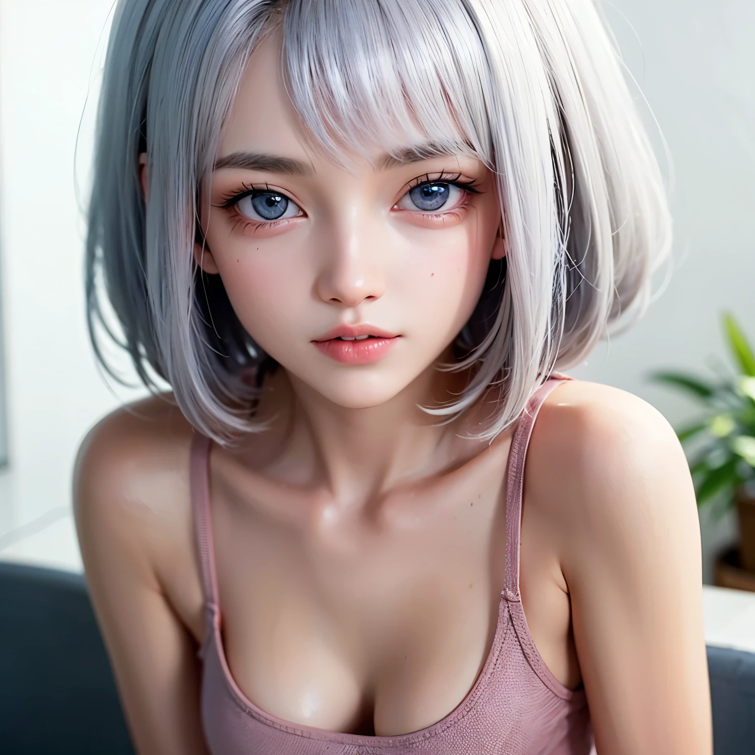 (((NSFW1.5)))((highest quality)), ((masterpiece)), perfect face， big breasts，silver hair，Short-cut revealing clothes，Bedroom, thin waist,1 boy, penis,