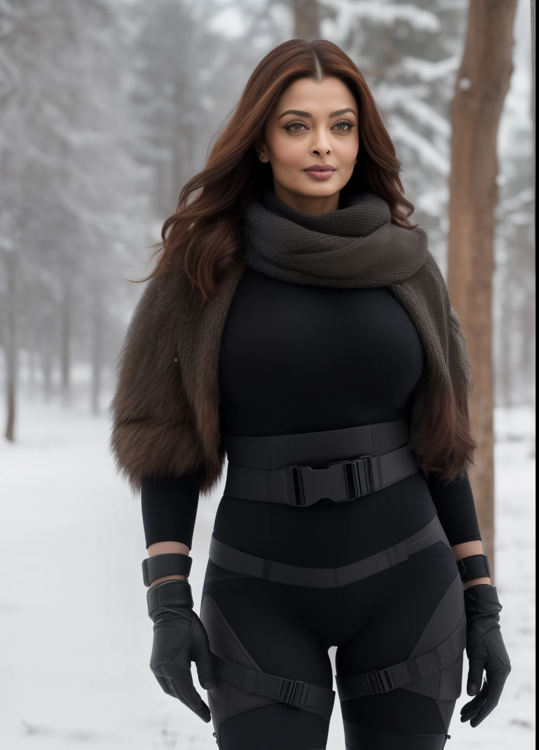 45yo MATURE MILF AISHWARYA RAI, (photorealistic), beautiful lighting, best quality, realistic, full body portrait, real picture, intricate details, depth of field, 45-years-old, in a cold snowstorm, a wings, A very sexy hourglass solider girl with haircut, wearing black military fatigues, huge cleavage show, combat gloves, (magazin pouches), (kneepads), highly-detailed, perfect face, hazel eyes, lips, wide hips, small waist, tall, make up, tacticool, Fujifilm XT3, outdoors, bright day, Beautiful lighting, RAW photo, 8k uhd, film grain, ((bokeh))