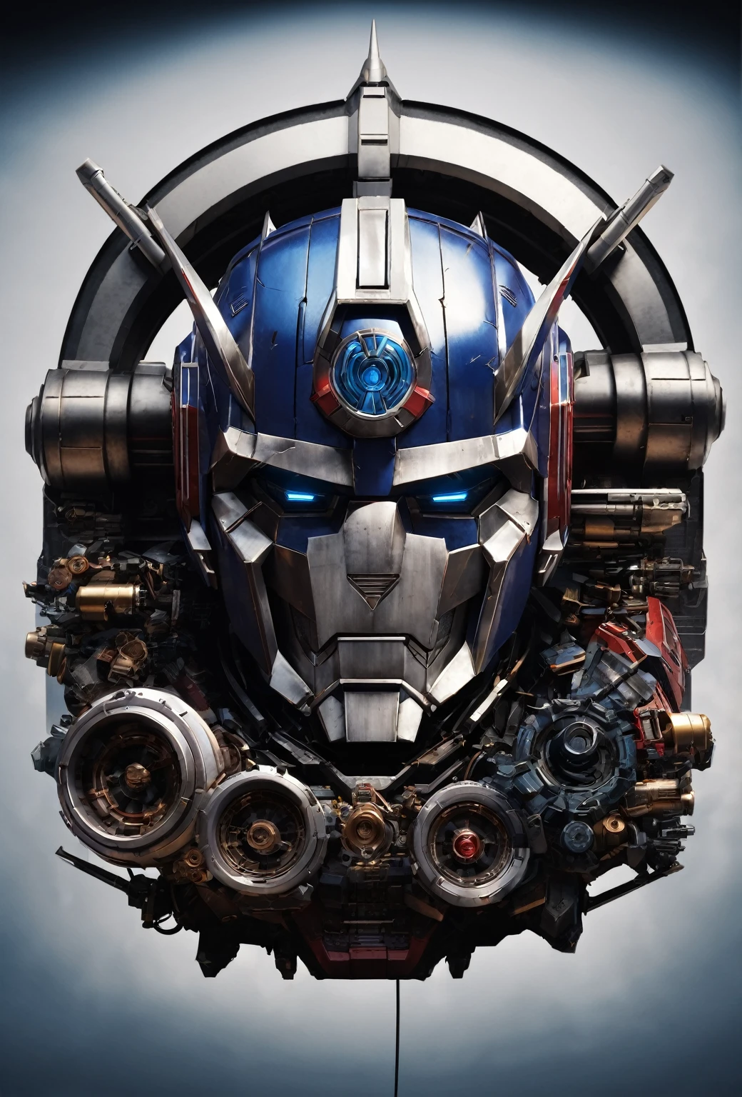 optimus prime,huge robot,shining metal armor,glowing blue eyes,sharp facial features,strong and powerful physique,massive towering height,futuristic technology,transforming capabilities,detailed mechanical parts and joints,advanced weaponry,heroic leader of the Autobots,signature red and blue color scheme,sleek and aerodynamic design,emblematic Autobot symbol on the chest,epic battle scene in a destroyed cityscape,laser beams and explosions,intense action and dynamic poses,visually stunning special effects,breathtaking cinematic composition,best quality,ultra-detailed,realistic,sci-fi,high contrast colors,dramatic lighting
