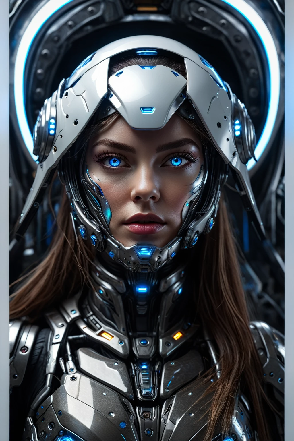 (best quality,4k,8k,highres,masterpiece:1.2),ultra-detailed,(realistic,photorealistic,photo-realistic:1.37),futuristic female cyborg,portrait style,metallic material,glowing blue eyes,sharp facial features,fierce expression,mechanical body parts,digitally enhanced long hair,futuristic armor,high-tech visor,powerful and confident stance,dystopian background,neon lights,colorful holographic projections,sci-fi lighting