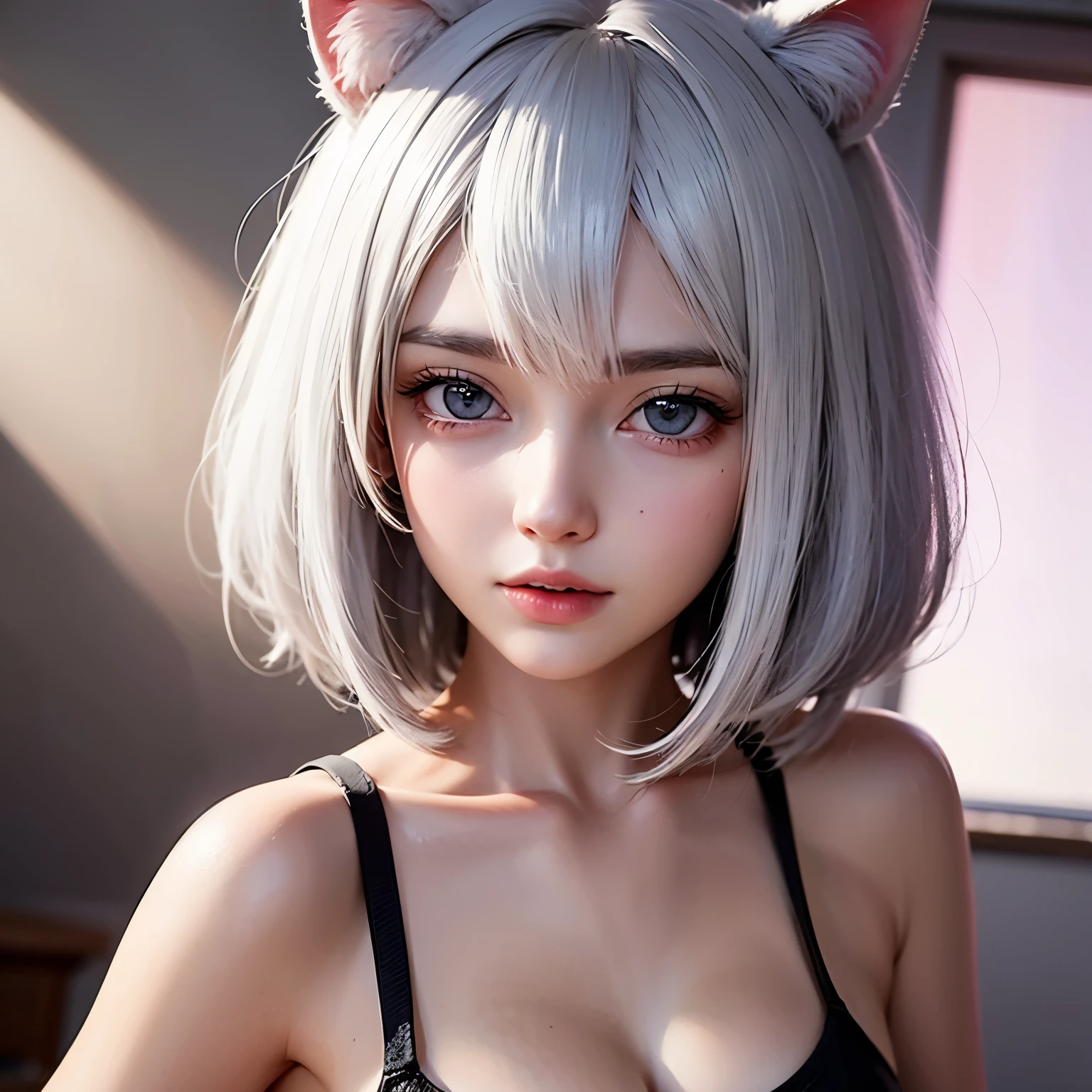 ((best quality)), ((masterpiece)), (detailed), perfect face. White hair. Short hair. Anime girl. Pink eyes. Nekomimi. Tanktop. Small breast.