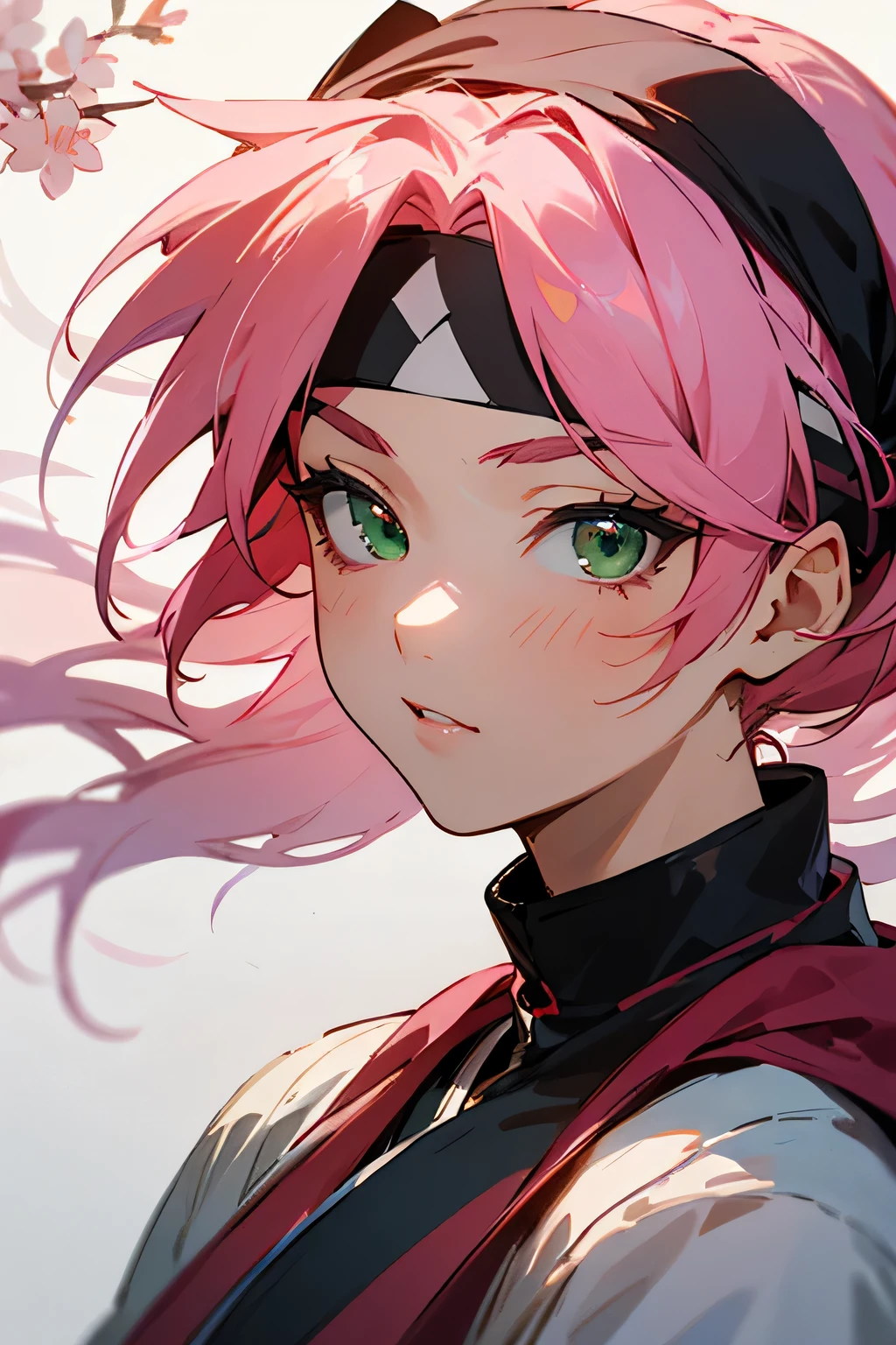 ((best quality)), ((masterpiece)), (detailed), perfect face, sakura haruno , mascular strong , beautiful ,pink hair ,green eyes ,ninja headband ,parted bangs
