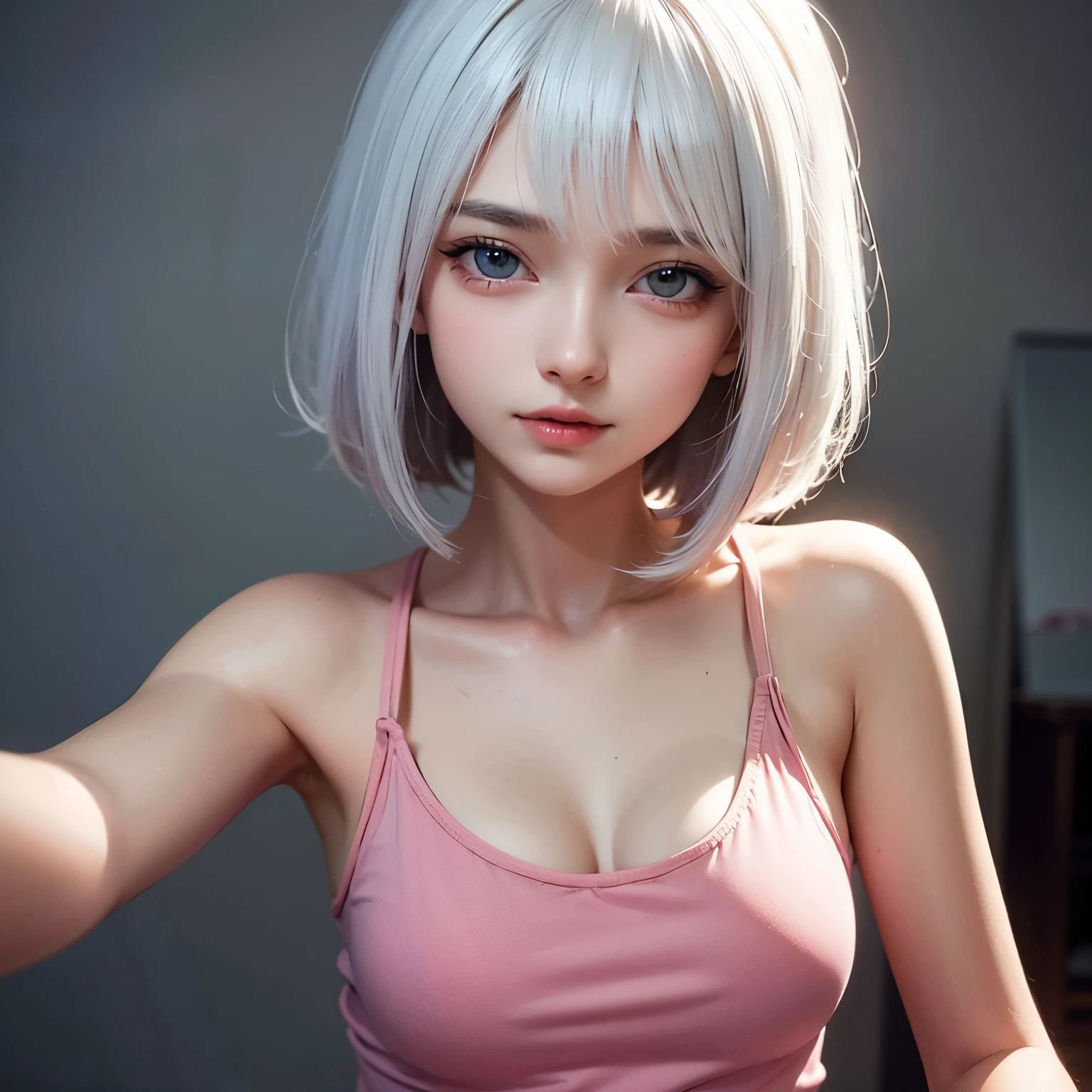 ((best quality)), ((masterpiece)), (detailed), perfect face. White hair. Short hair. Anime girl. Pink eyes. Nekomimi. Tanktop. Small breast.