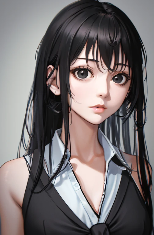 highres, crisp focus, Pixiv masterpieces, ((intricate detailed)), high-detail, 1girls, long neck, Upper body, Kumori_Kuroko, Bags under the eyes, long-haired, Black Hair,  (Black eyes:1.2), Tie, very long hair, Black suit,