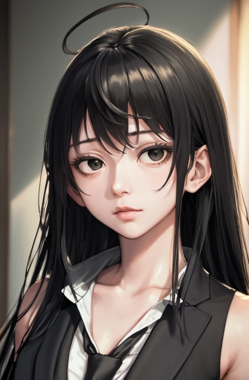 highres, crisp focus, Pixiv masterpieces, ((intricate detailed)), high-detail, 1girls, long neck, Upper body, Kumori_Kuroko, Bags under the eyes, long-haired, Black Hair,  (Black eyes:1.2), Tie, very long hair, Black suit,