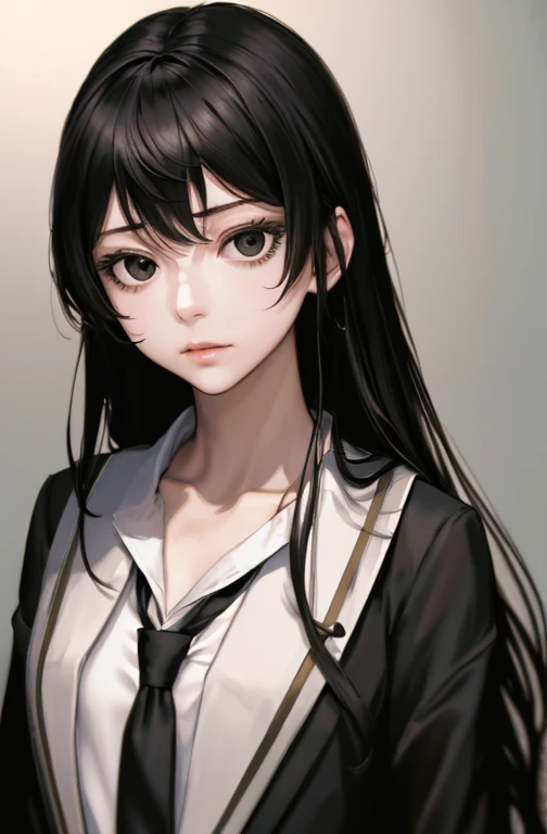 highres, crisp focus, Pixiv masterpieces, ((intricate detailed)), high-detail, 1girls, long neck, Upper body, Kumori_Kuroko, Bags under the eyes, long-haired, Black Hair,  (Black eyes:1.2), Tie, very long hair, Black suit,