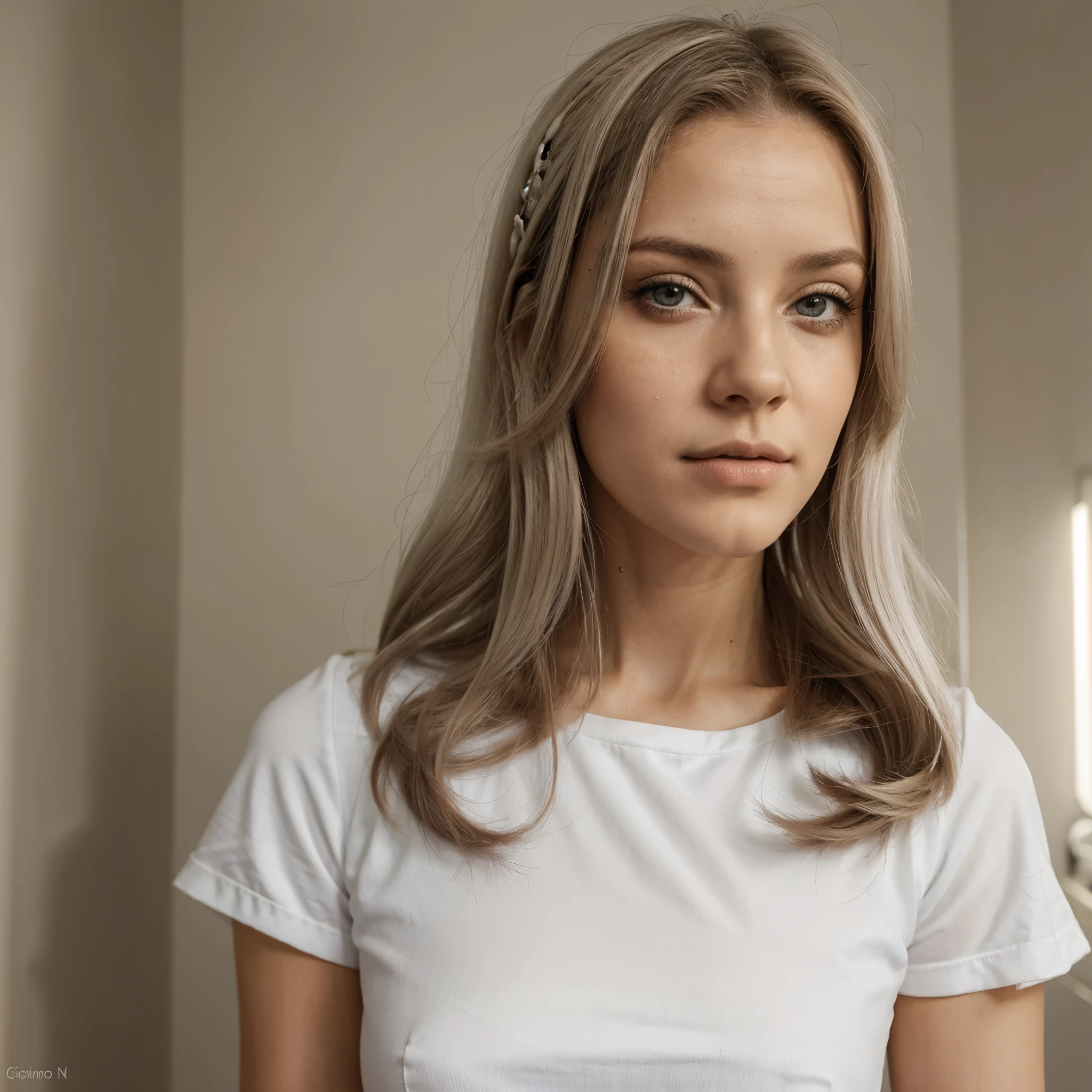 Mulher de cabelo pintado de loiro, Pale, olhos escuros, series A, roupas pretas de couro e uma cicatrize no olho