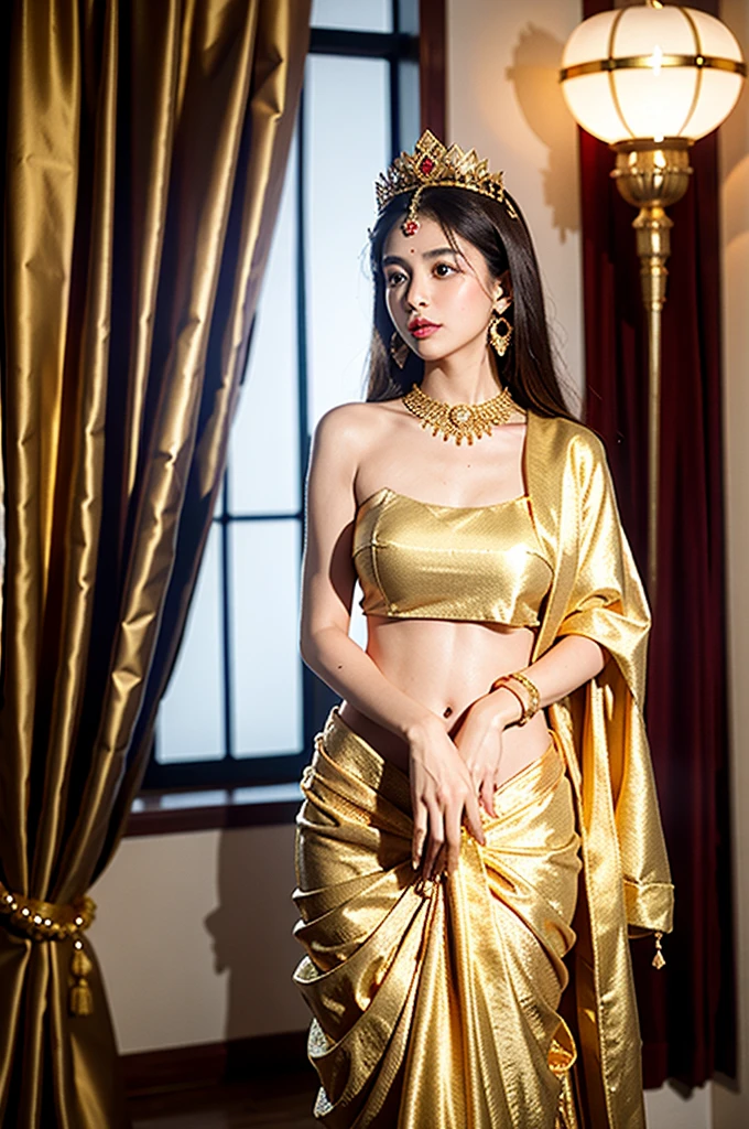 A beautiful princess of fair complexion with golden glow in indian red gold plated lahenga. necklace, small crown