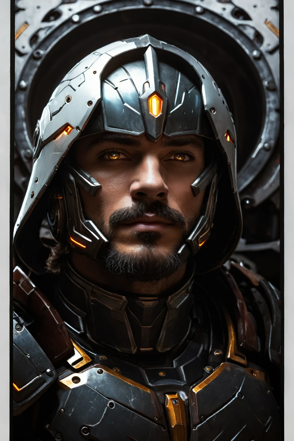 (A muscular man:vivid colors,realistic, ((masterpiece)), ((best quality)), (detailed), cinematic, dynamic lighting, soft shadow, detailed background, professional photography, depth of field, intricate, detailed face, subsurface scattering, realistic hair, realistic eyes, muscular, manly, photo of a handsome man, mech4rmor, wearing mechanical paladin armor, glowing, holding shield, dynamic pose, fighting stance,