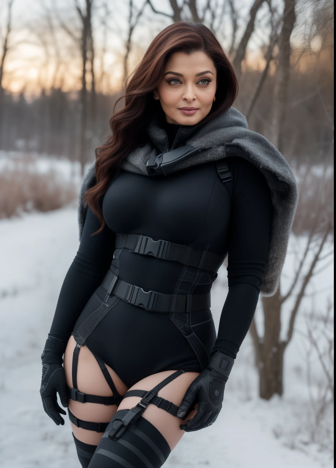 45yo MATURE MILF AISHWARYA RAI, (photorealistic), best quality, realistic, full body portrait, real picture, intricate details, depth of field, 45-years-old, in a cold snowstorm, sexy hourglass solider girl with haircut, wearing black military fatigues, huge cleavage show, combat gloves, (magazin pouches), (kneepads), highly-detailed, perfect face, hazel eyes, lips, wide hips, small waist, tall, make up, tacticool, Fujifilm XT3, outdoors, bright day, Beautiful lighting, RAW photo, 8k uhd, film grain, ((bokeh))