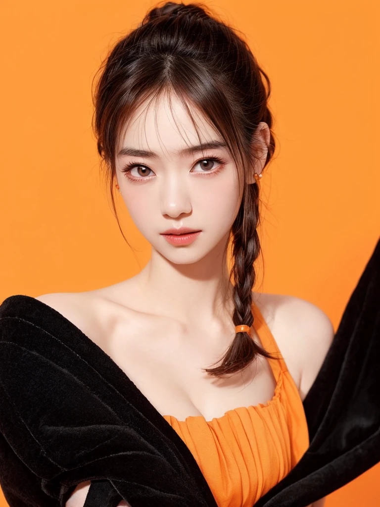 (masterpiece, highest quality, sfw:1.8),1 girl, alone, realistic, realistic, light colored black eyes, black twin braids hair with highly detailed shiny hair, Winter clothes, Whity, lips, bangs, outdoor, closed mouth, Upper body、Big eyes、eyelash、((very simple orange background:1.8))、(((Black French Braid, Big eyes、big and full chest、avoiding eye contact 、beautiful beauty、show me your ears、long neck、low hairline、small forehead)))、ideal body proportions、{Huge|big|Huge|mega} chest, cleavage:2, Blushing, Shy smile, Embarrassed, Flushed cheeks, Timid expression, Coy look, Bashful, Sheepish grin
