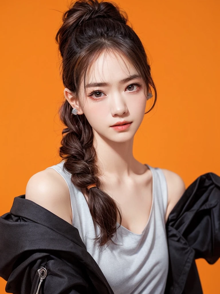 (masterpiece, highest quality, sfw:1.8),1 girl, alone, realistic, realistic, light colored black eyes, black twin braids hair with highly detailed shiny hair, Winter clothes, Whity, lips, bangs, outdoor, closed mouth, Upper body、Big eyes、eyelash、((very simple orange background:1.8))、(((Black French Braid, Big eyes、big and full chest、avoiding eye contact 、beautiful beauty、show me your ears、long neck、low hairline、small forehead)))、ideal body proportions、{Huge|big|Huge|mega} chest, cleavage:2, Blushing, Shy smile, Embarrassed, Flushed cheeks, Timid expression, Coy look, Bashful, Sheepish grin