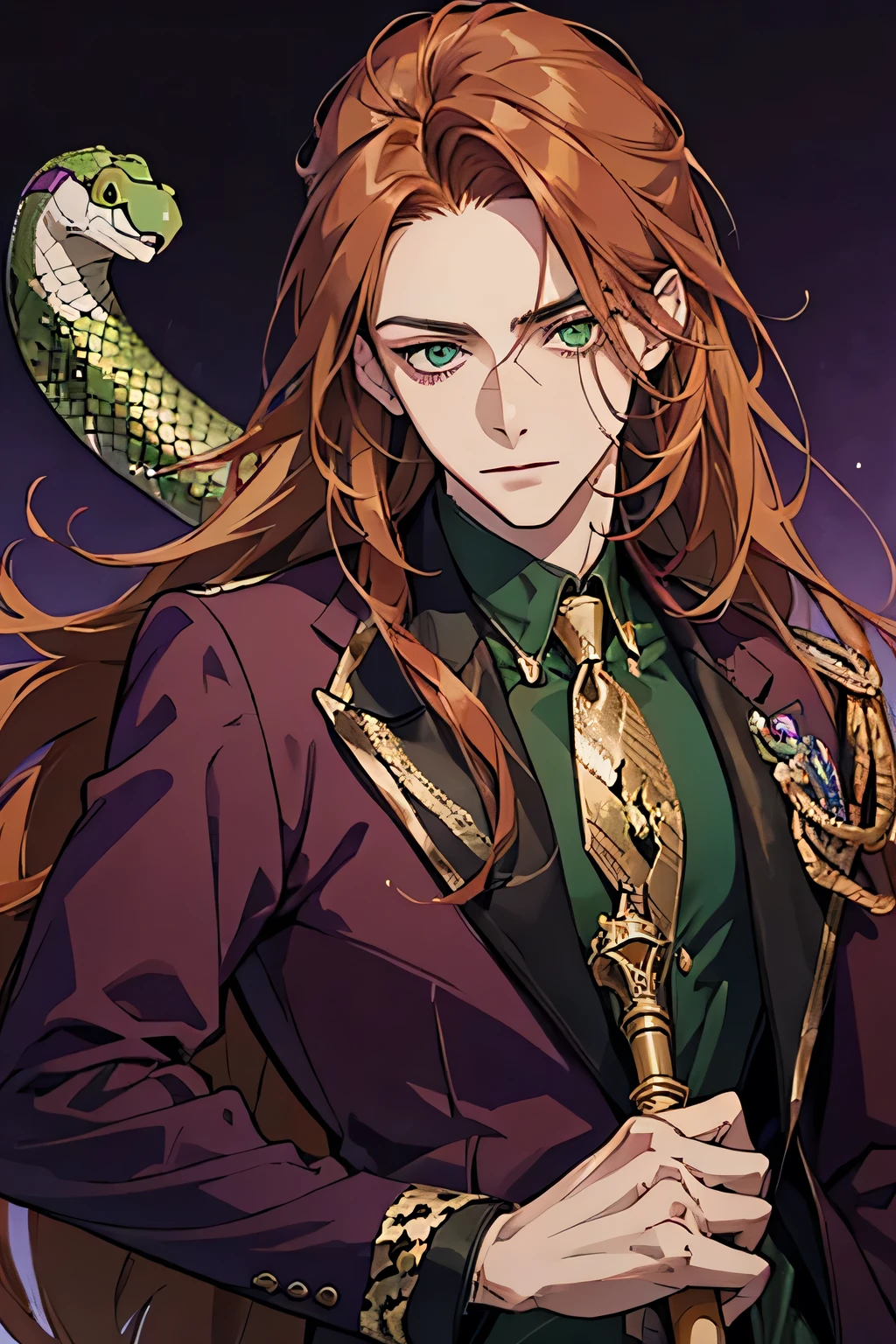 young man, A young man, (((chestnut))) hair, (((green))) eyes, scar on the left eye, (((long))) hair, Purple clothes, purple background, high detail, modern clothes, ((Snake)), Staff in hand, close, (((One))), face, head