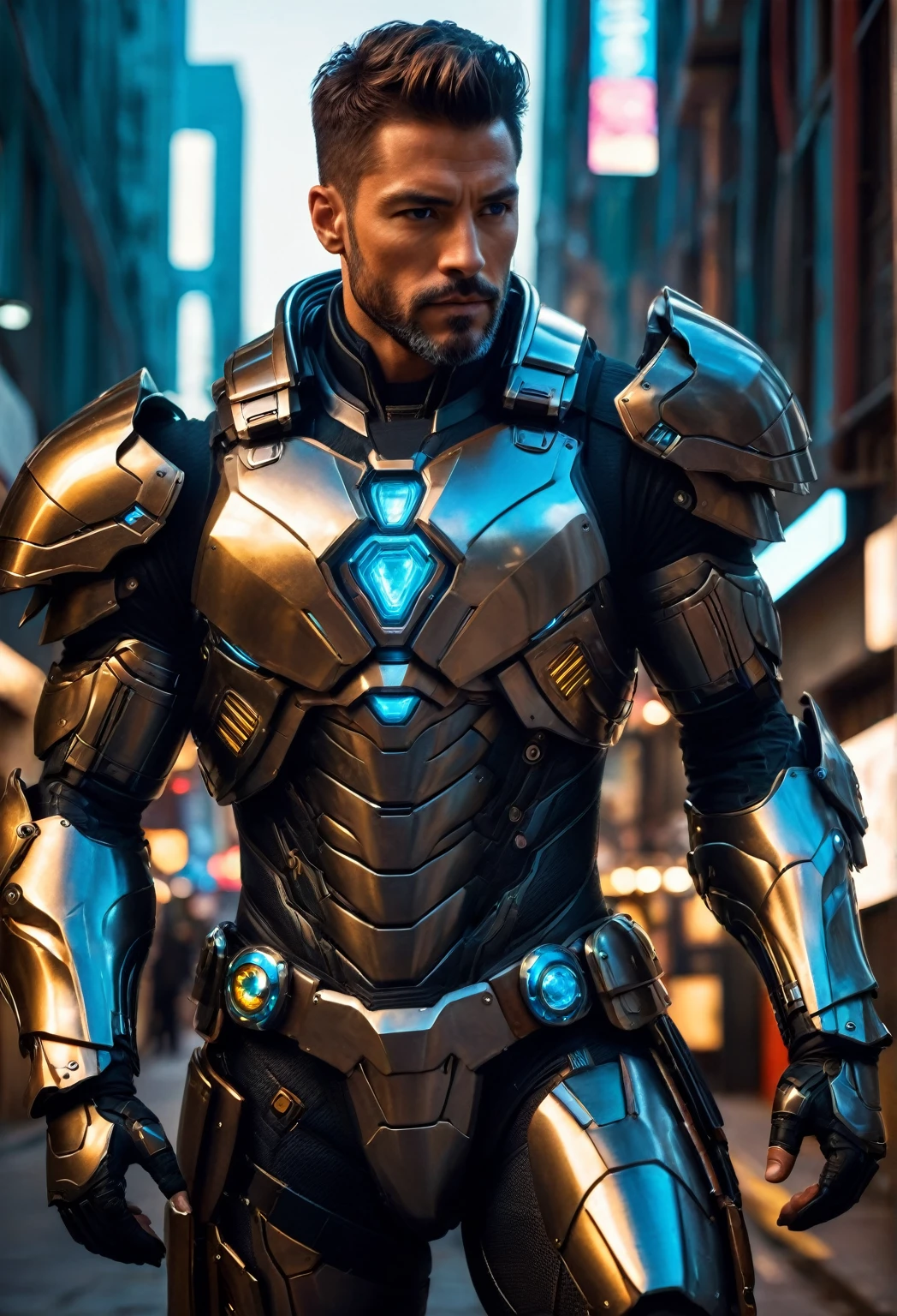 (A muscular man:vivid colors,realistic, ((masterpiece)), ((best quality)), (detailed), cinematic, dynamic lighting, soft shadow, detailed background, professional photography, depth of field, intricate, detailed face, subsurface scattering, realistic hair, realistic eyes, muscular, manly, photo of a handsome man, mech4rmor, wearing mechanical paladin armor, glowing, holding shield, dynamic pose, fighting stance,
Your skin has a pattern of lighter and darker spots that help it camouflage itself in its surroundings.. Your skin also has a layer of mucus that protects you from bacteria and parasites., y le permite regular su temperatura corporal. Su piel es sensible al tacto y al calor, and can change color depending on your mood.
Su traje es una armadura ligera y ajustada que cubre su torso, sus brazos y sus piernas. His suit is made of a synthetic material that adapts to his shape and movements., y que tiene propiedades aislantes y reflectantes. Su traje tiene varios bolsillos y compartimentos donde guarda sus herramientas y armas. His suit also has an integrated communication system that allows him to contact his allies or enemies..
Hyper realistic 8K cinematography. ,Traje Cyberpunk, obra maestra muy bien detallada, Illustration by Hetera, dark ilumination, Spectral illumination