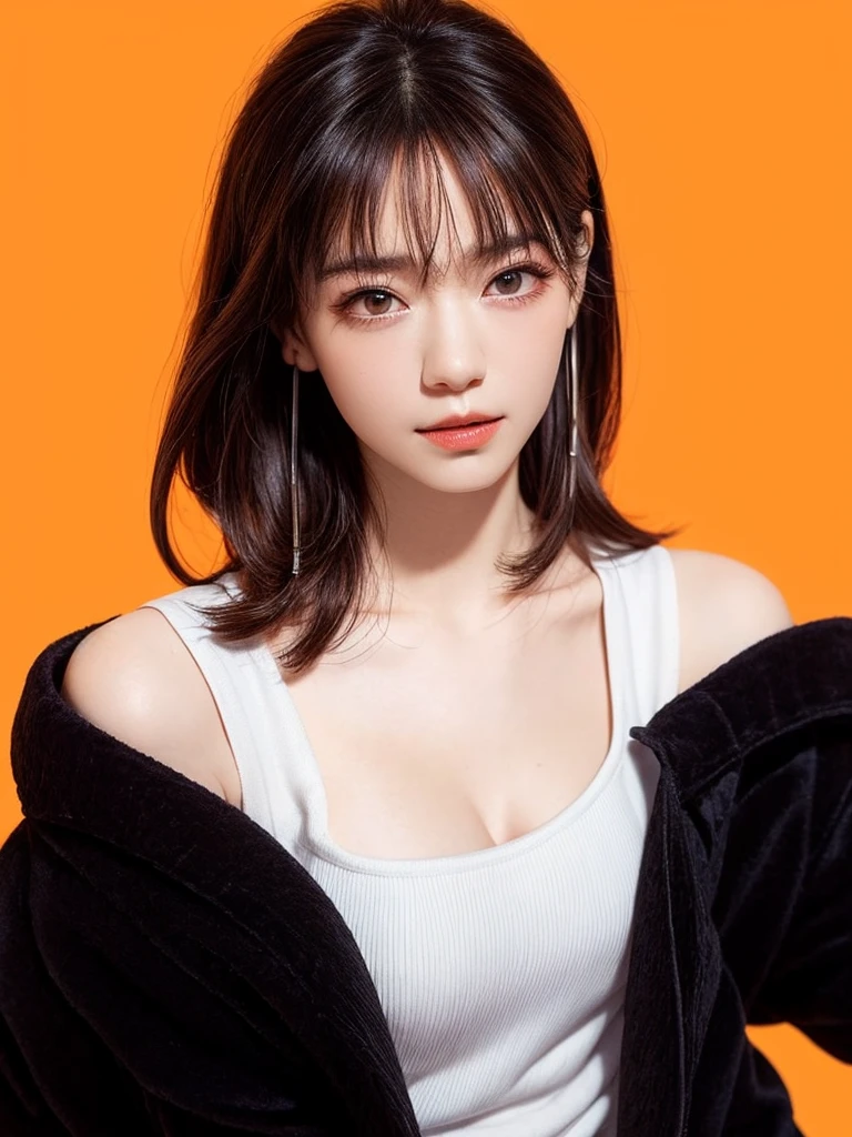 (masterpiece, highest quality, sfw:1.8),1 girl, alone, realistic, realistic, light colored black eyes, black twin braids hair with highly detailed shiny hair, Winter clothes, Whity, lips, bangs, outdoor, closed mouth, Upper body、Big eyes、eyelash、((very simple orange background:1.8))、(((Black French Braid, Big eyes、big and full chest、avoiding eye contact 、beautiful beauty、show me your ears、long neck、low hairline、small forehead)))、ideal body proportions、{Huge|big|Huge|mega} chest, cleavage:2, Blushing, Shy smile, Embarrassed, Flushed cheeks, Timid expression, Coy look, Bashful, Sheepish grin
