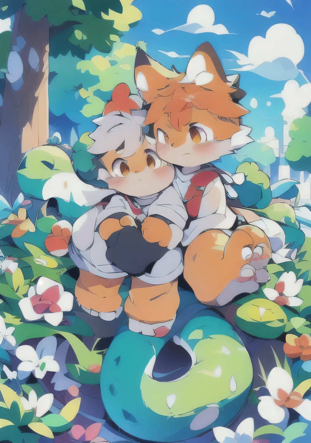 Bright orange fur,Gray Hair,Orange dragon tail,There is white fluff on the tip of the tail,White sweatshirt,Hairy,God of Art Super High Quality, Very detailed, High resolution, Cute art style in anime, Best Anime, 8k, Kona Sauce Wallpaper, pixiv contest winners, Perfect Anatomy,Blushing , (Cheerful teenager, :1.3), High resolution detailed hair,Wide white pants,on the road,blue sky,sunset,Good balance between iris and pupil,Blue Eyes,blue earing,single