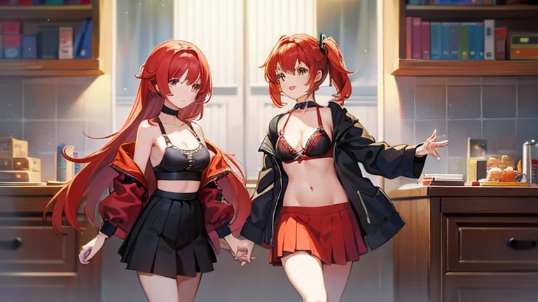 anime girl with red hair wearing a skirt and an open shirt revealing a black bra