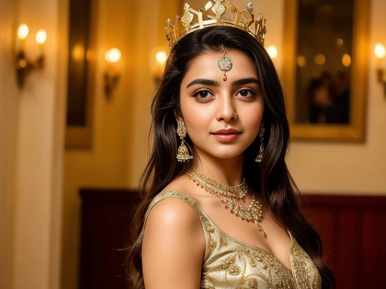 A 24 year old girl who wore Indian miss universe crown in beautiful golden gown. The Gown is looking like royal.