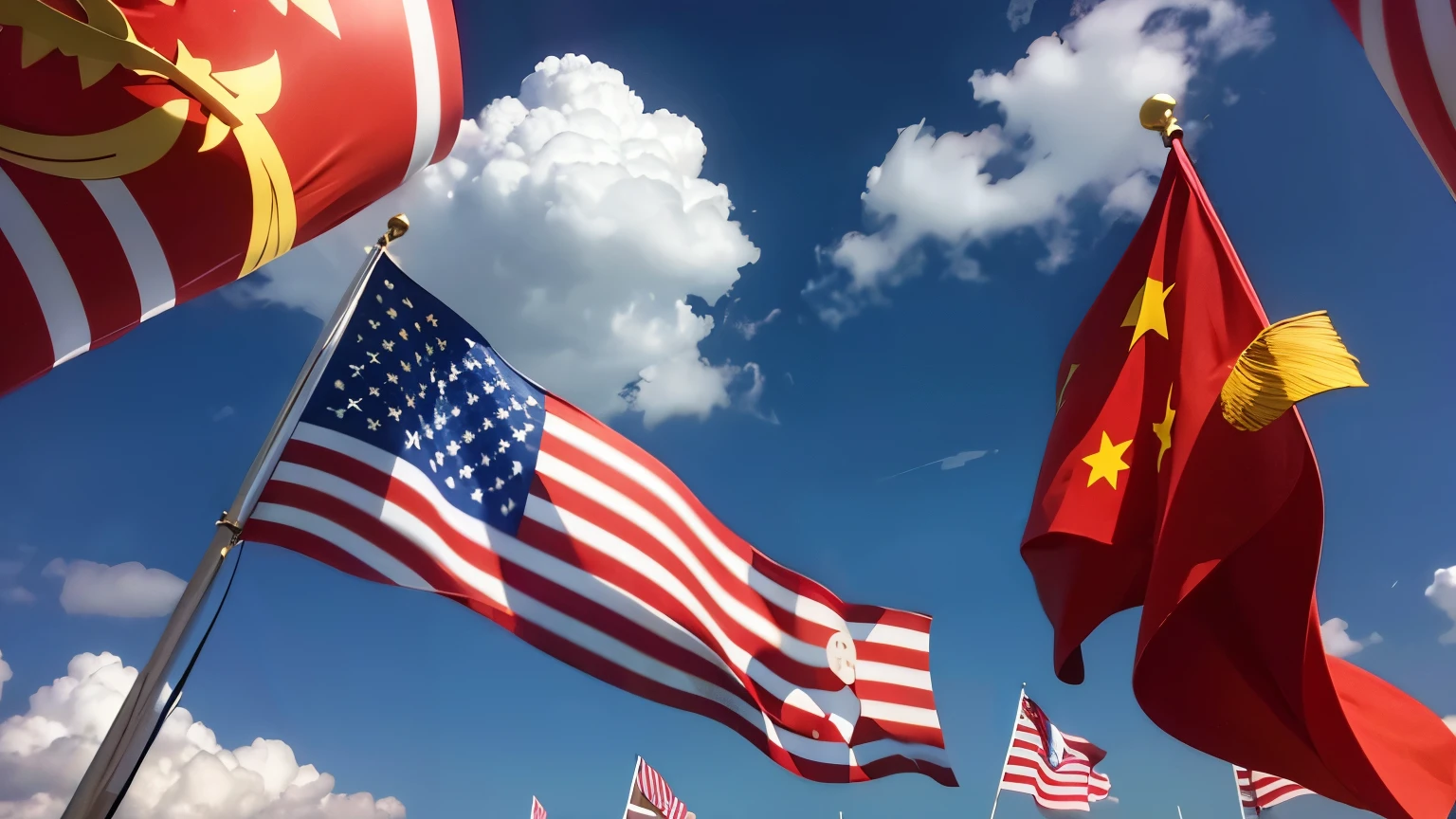 Chinese are stealing American jobs,With American flag,There is a Chinese flag,There are Chinese and Americans
