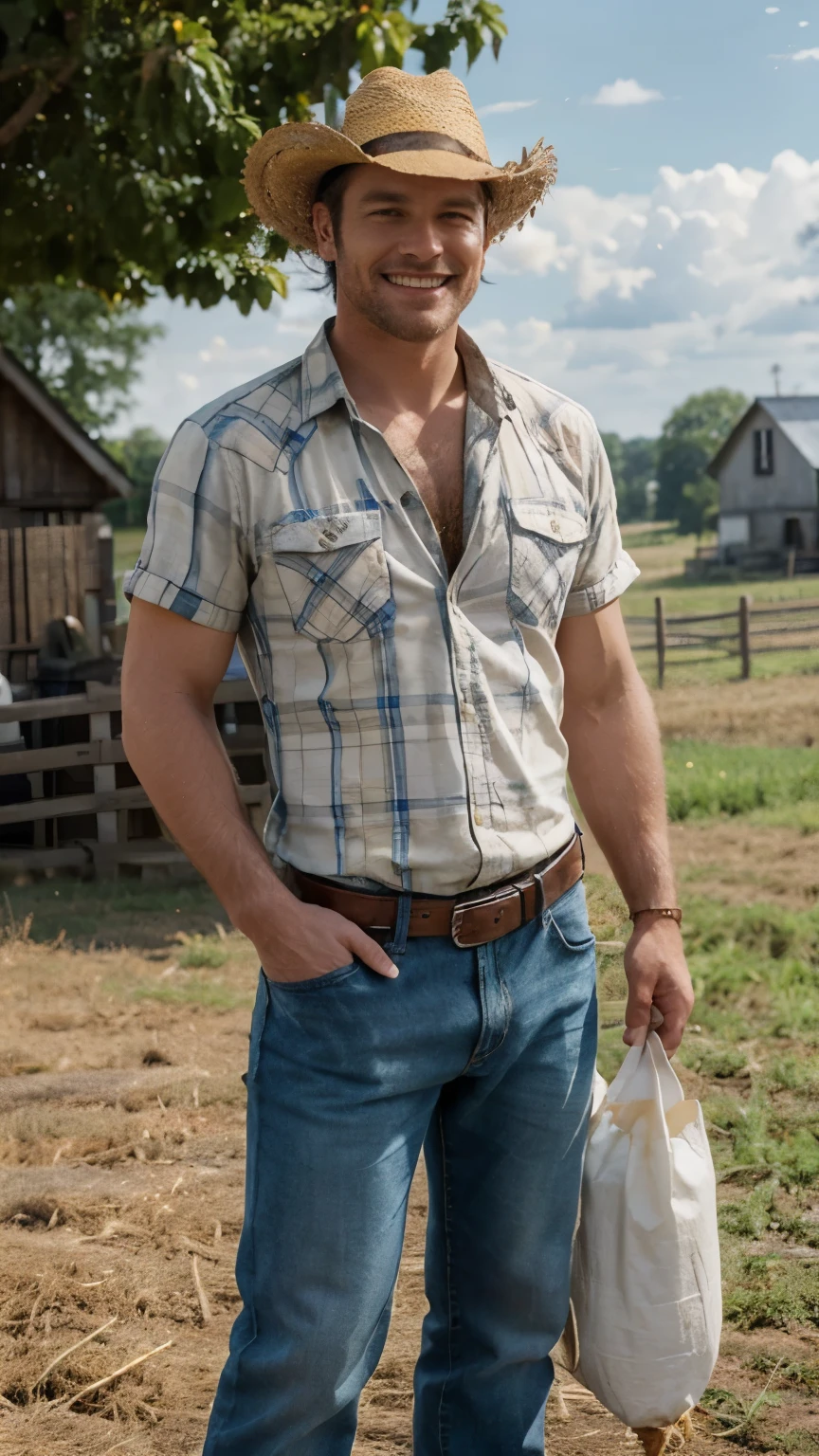 Draw a country man! He should be wearing a straw hat, a plaid shirt, patched pants, and boots. He can be holding a hoe or a sack of corn. Imagine
Sure! Here is the translated prompt:
"Draw a country man! He should be wearing a straw hat, a plaid shirt, patched pants, and boots. He can be holding a hoe or a sack of corn. Imagine him smiling, maybe next to a small farmhouse with chickens and a cow in the background. Don't forget to include a big, bright sun in the sky