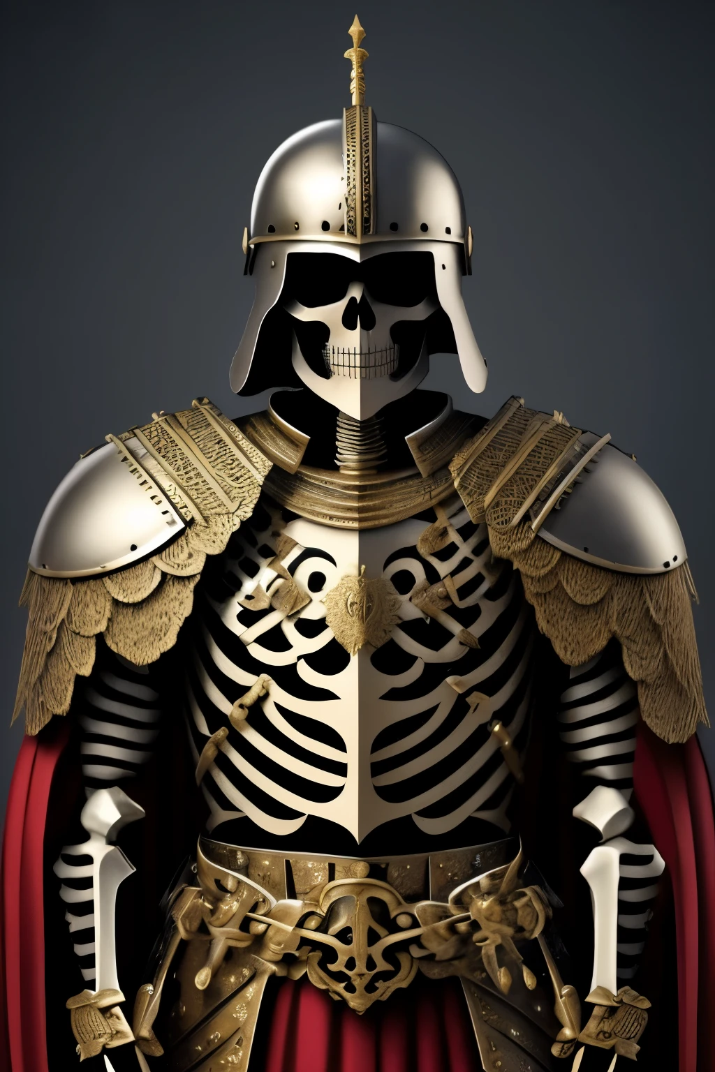 Skeleton general in medieval armor military uniform
