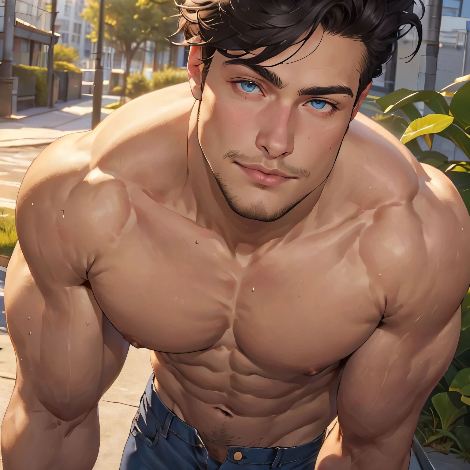 ((the best quality)), ((Masterpiece)), (details), perfect face, high definition, Masterpiece,4k,details clearly, Handsome face, white skin, perfect body, male body, strong muscles, abdomen, blue eyes, white skin, The most handsome man in the world, handsome, The coolest face, Male characters, close image (1man, shirtless), young man, mischievous smile, Extremely muscular tall man, open your eyes ((detailed eyes)), huge, muscular body and Massive, bulging pecs, muscular abs, narrow waist, short hair, blue eyes, delicate big eyes, carefree expression, clear face, handsome (detailed face, perfect face) ((extremely realistic shadows, bodybuilding posture, human, ((22-year-old young man)), V shape, athletic pants, athletic, Shirtless, Sunlight, City, lower pants, topless, close up look, CG sense, Textured skin, the best quality, Storytelling images, lower your pants, show Panty line, Show your abs, show arm muscle, Black hair, shining blue eyes, eyes contact, high school