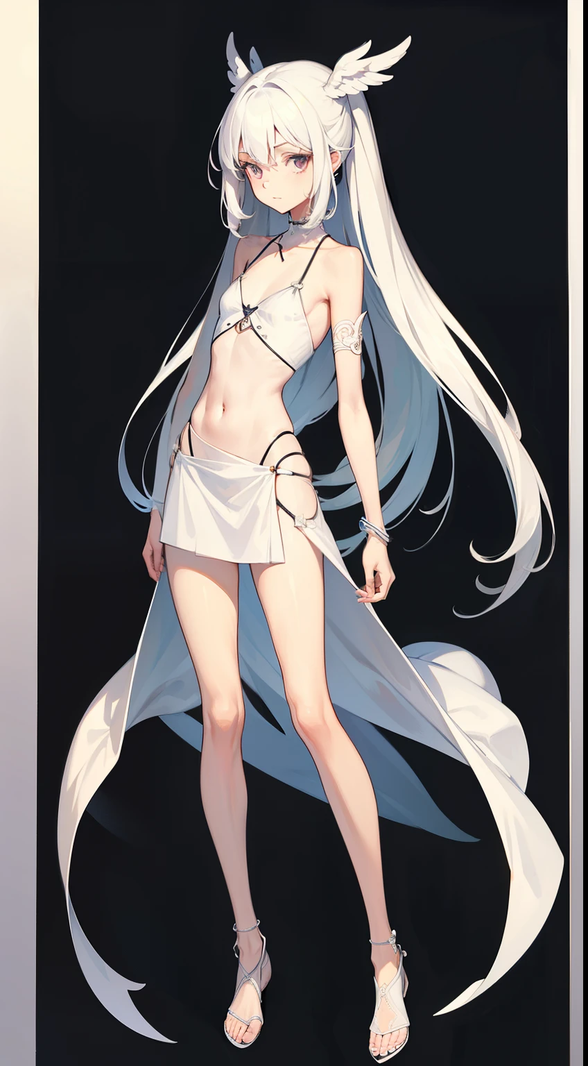 ((best quality)), ((masterpiece)), (detailed), perfect face, Character design, female, long white grey hair, wearing a white angelic dress, red grey eyes, small frame, very skinny, detailed, best quality, no accesoires around the neck, no shoes, prominent collarbones, skinny arms, flat stomach, visible hip bones, full body