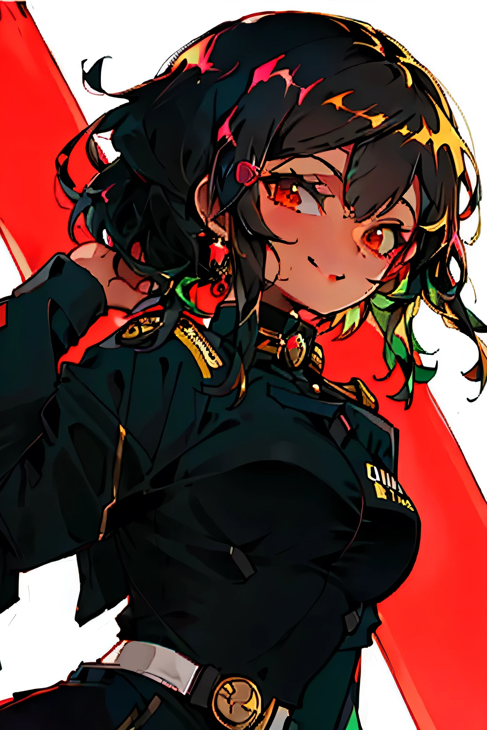 mujer morena, cabello muy corto, cuerpo robusto, uniforme militar, ojos negros, cejas pobladas, nariz romana, sonriendo. 