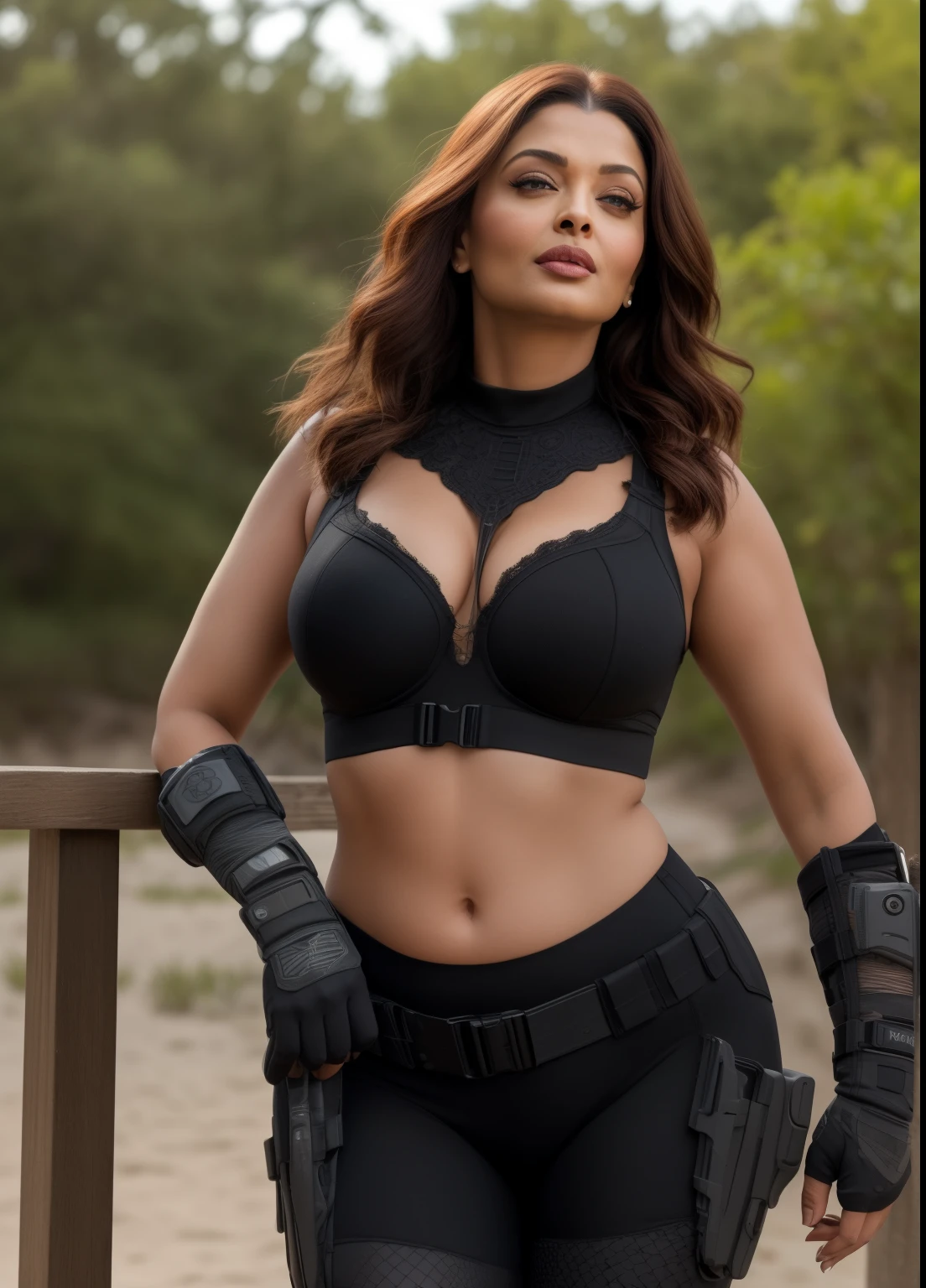 45yo MATURE MILF AISHWARYA RAI, (photorealistic), beautiful lighting, best quality, realistic, full body portrait, real picture, intricate details, depth of field, 45-years-old, in a sunny beach, curvy hourglass solider girl with haircut, wearing black military uniform showing huge cleavage show, combat gloves, (magazin pouches), (kneepads), highly-detailed, perfect face, hazel eyes, lips, wide hips, small waist, tall, make up, tacticool, Fujifilm XT3, outdoors, bright day, Beautiful lighting, RAW photo, 8k uhd, film grain, ((bokeh))