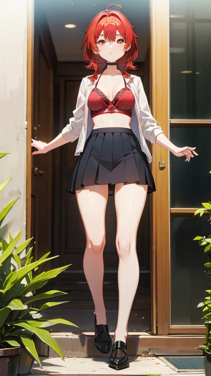 anime girl with red hair wearing a skirt and an open shirt revealing a black bra