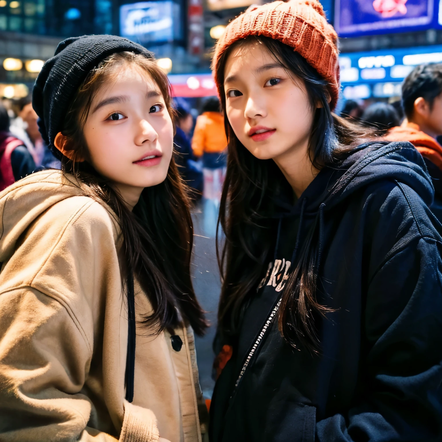 Identical twin sisters wearing knitted hats。I'm about to kiss you。The background is Shinjuku Station。Shallow depth of field、The background is blurry。gathered in the middle。The girl on the left is、He is wearing a black hat and a black down jacket over a red hoodie.。, And with your left hand you are holding the piece close to your face.。The girl on the right is wearing a light brown hat., A black down jacket over an orange sweatshirt, And in his right hand he holds the piece.