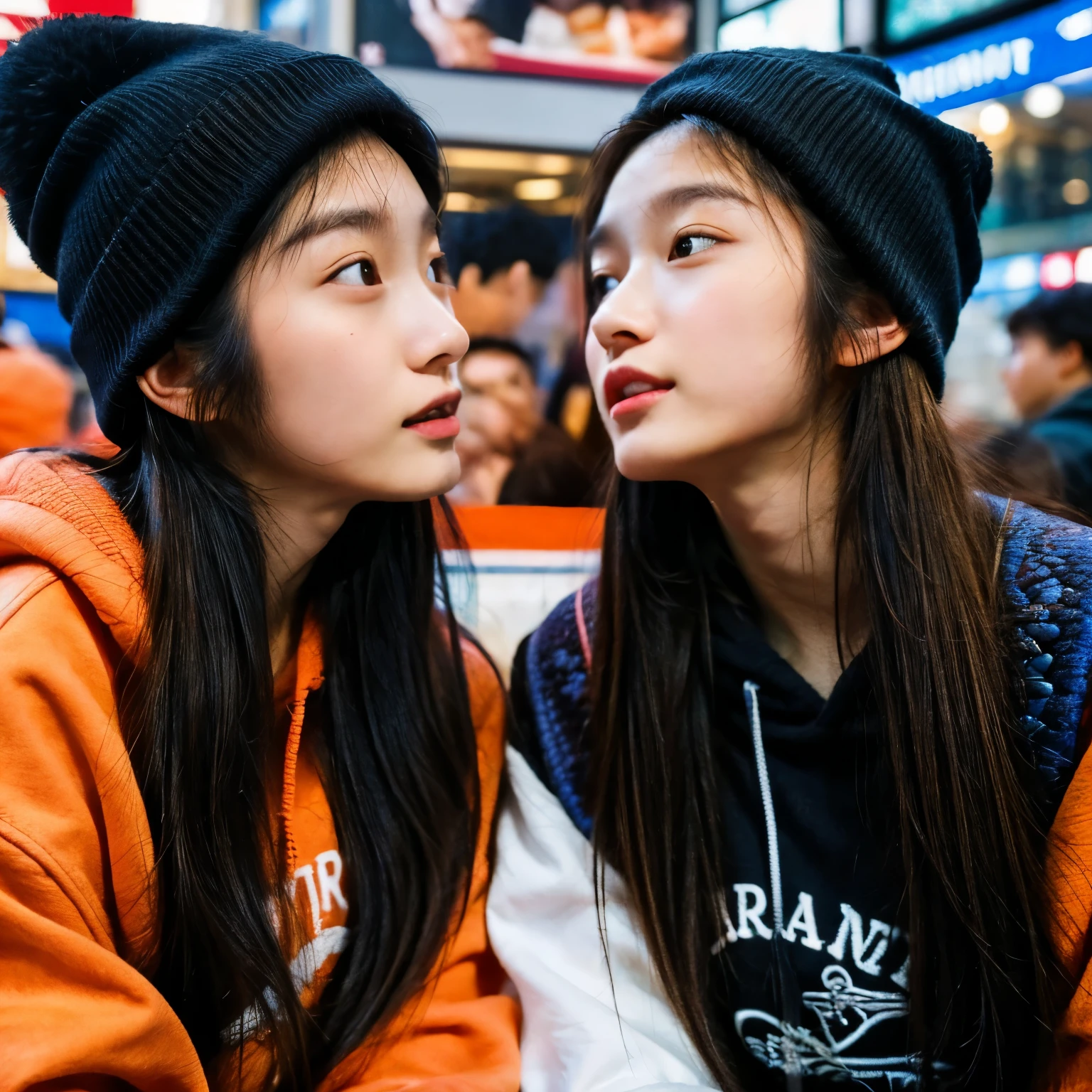 Identical twin sisters wearing knitted hats。I'm about to kiss you。The background is Shinjuku Station。Shallow depth of field、The background is blurry。gathered in the middle。The girl on the left is、He is wearing a black hat and a black down jacket over a red hoodie.。, And with your left hand you are holding the piece close to your face.。The girl on the right is wearing a light brown hat., A black down jacket over an orange sweatshirt, And in his right hand he holds the piece.