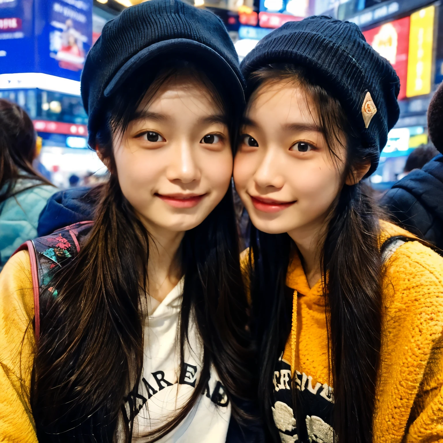 Identical twin sisters wearing knitted hats。I'm about to kiss you。The background is Shinjuku Station。Shallow depth of field、The background is blurry。gathered in the middle。The girl on the left is、He is wearing a black hat and a black down jacket over a red hoodie.。, And with your left hand you are holding the piece close to your face.。The girl on the right is wearing a light brown hat., A black down jacket over an orange sweatshirt, And in his right hand he holds the piece.