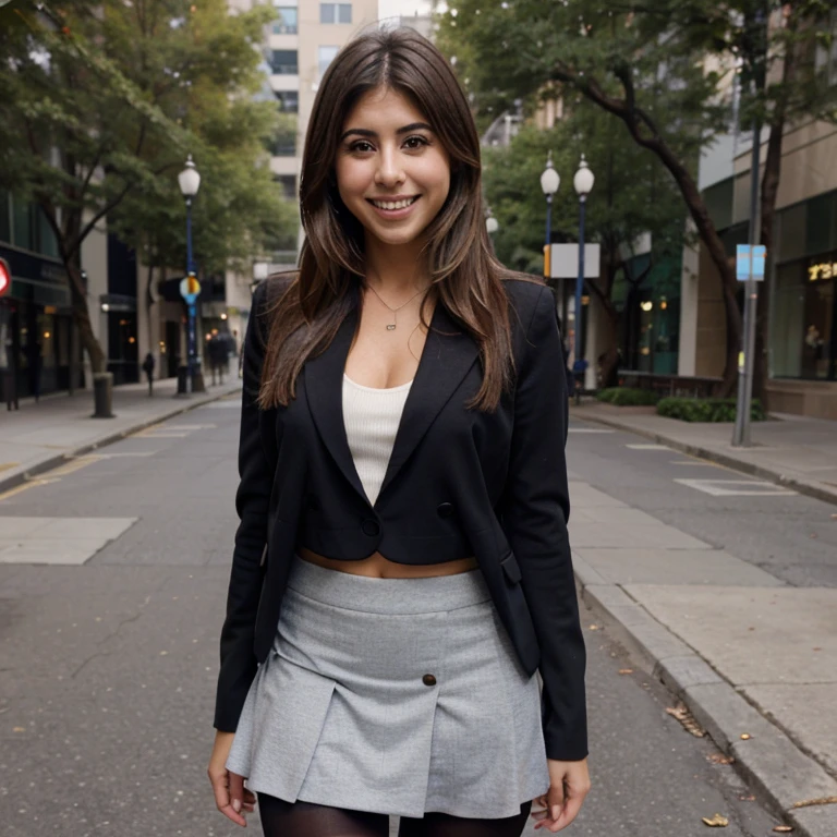 Daniella Monet dressed in a blazer and skirt with tights smiling
