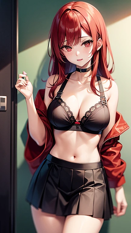 anime girl with red hair wearing a skirt and an open shirt revealing a black bra