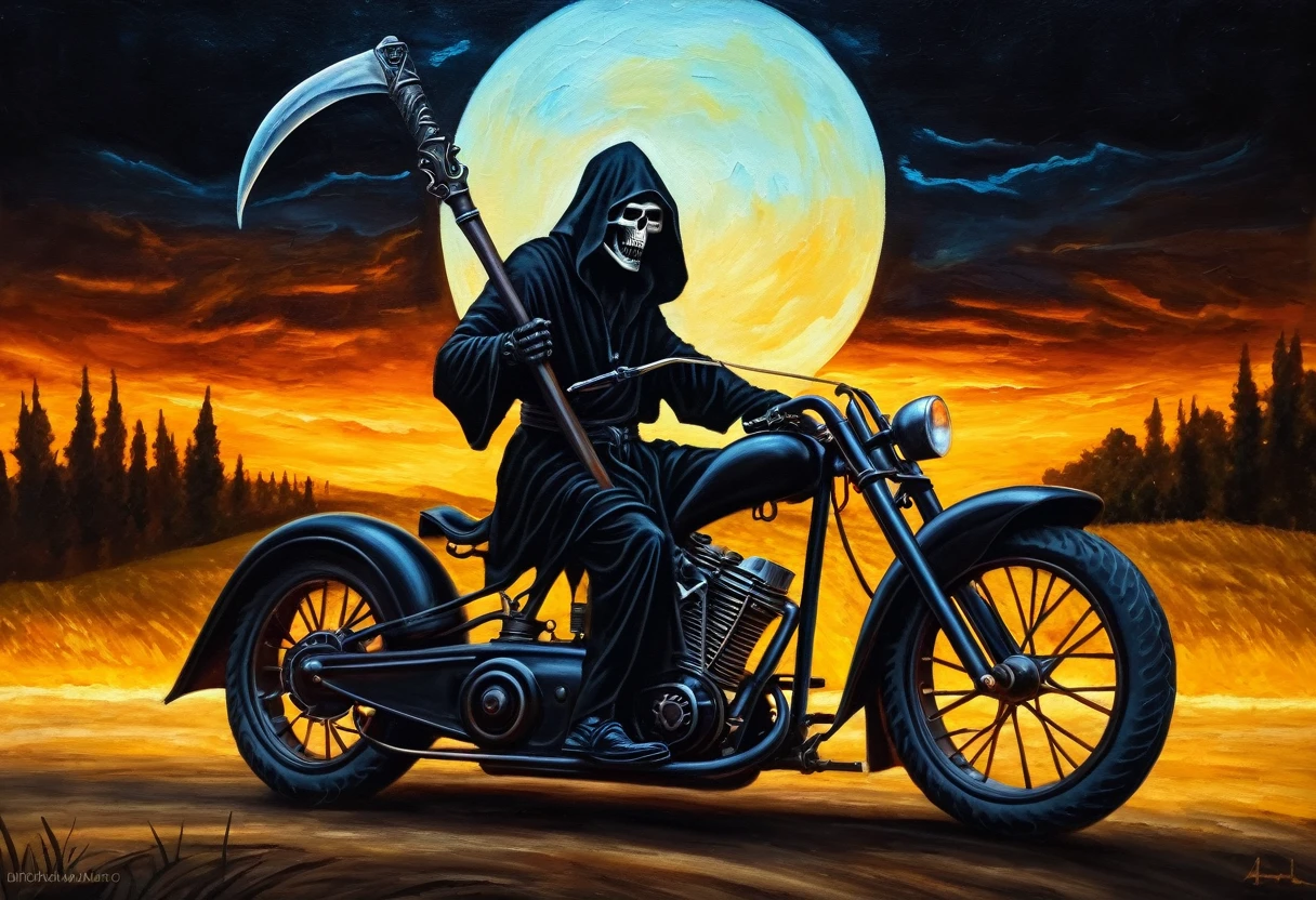 [[(front full portrait:  A black grim Reaper with a scythe rides a vintage bike (solo), perfect detail, ((Michail Khohlachev-Sheval / Dino Daeni style!!!))])):20]/[background: landscape
 dark Renaissance, old canva, (noir night), ((landscape style Adam Maniac:1,6))]/[two-color lighting, ((oil painting palette knife))((masterpiece)),((highest detail))]]