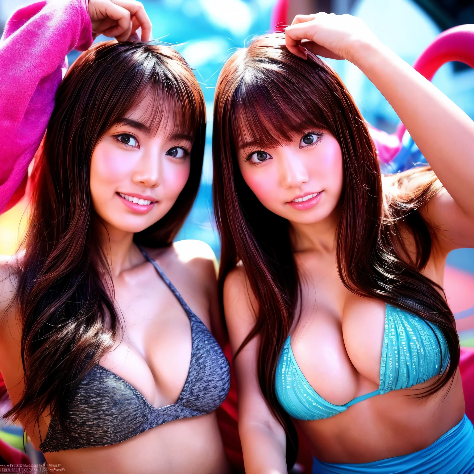 Identical twin sisters、Instagram model from another dimension, With two people, Imaginative, Metaphysical, Whimsical, Anaglyph Style, 1 Japan, Cute face, 18-year-old,