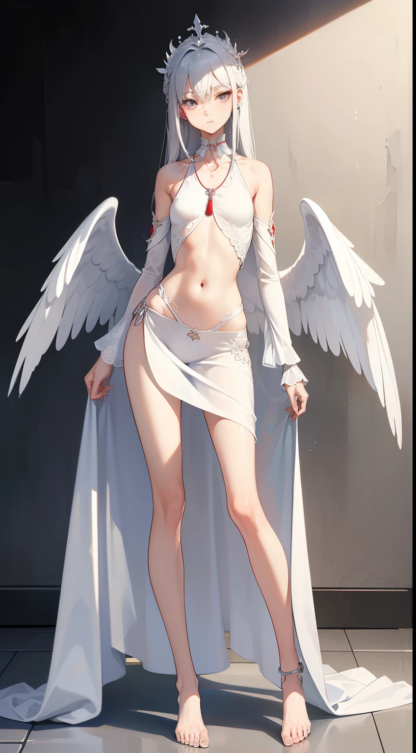 ((best quality)), ((masterpiece)), (detailed), perfect face, Character design, female, long white grey hair, wearing a white angelic dress, red grey eyes, small frame, very skinny, detailed, best quality, no accesoires around the neck, no shoes, prominent collarbones, skinny arms, flat stomach, visible hip bones, full body