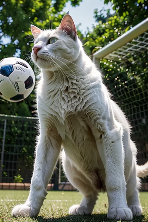 white cat playing soccer ball, cinematic lighting, depth of field, chiaroscuro, from below, UHD, super detail, anatomically correct, 4K
