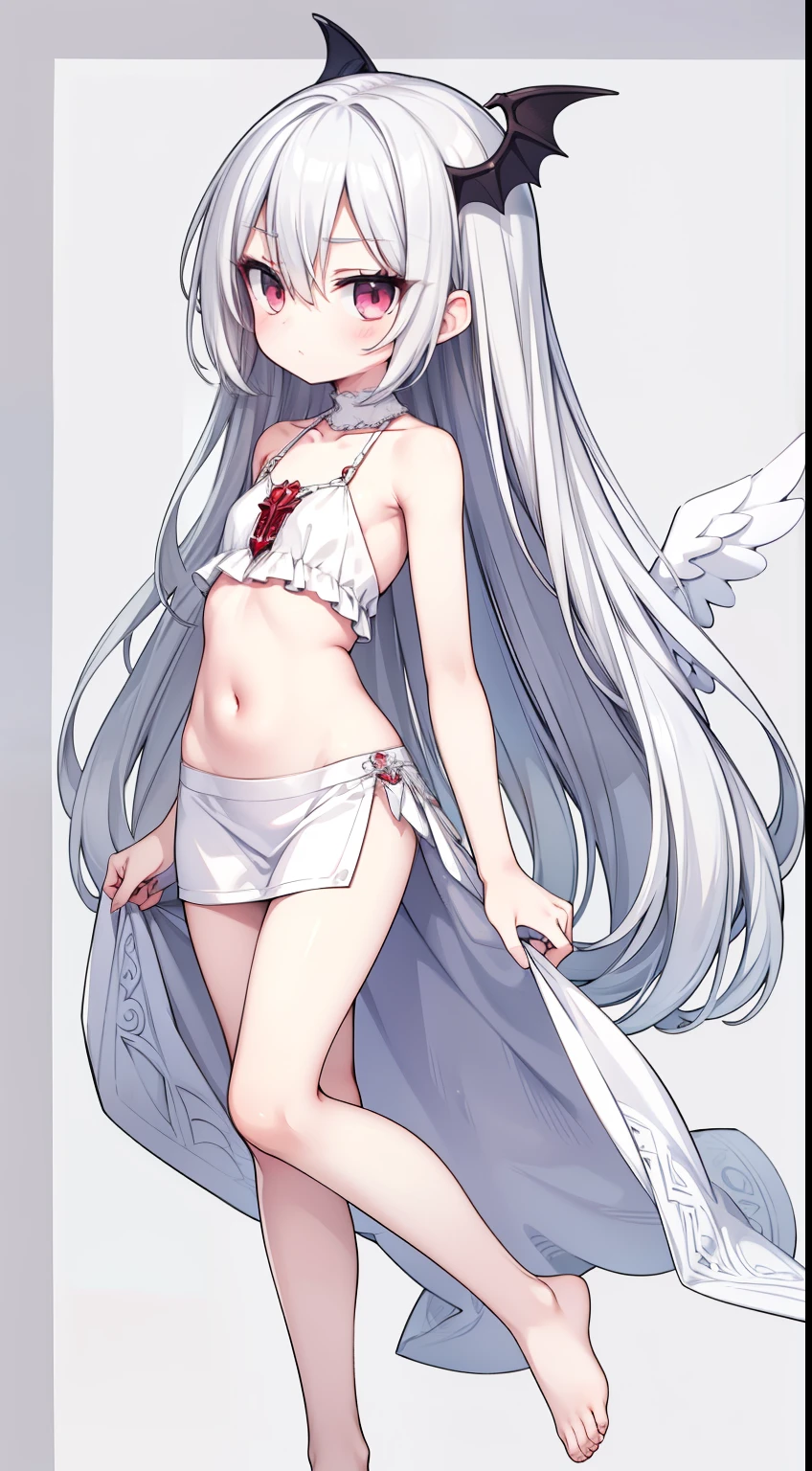 ((best quality)), ((masterpiece)), (detailed), perfect face, Character design, female, long white grey hair, wearing a white angelic dress, red grey eyes, small frame, very skinny, detailed, best quality, no accesoires around the neck, no shoes, prominent collarbones, skinny arms, flat stomach, visible hip bones, full body, vampire