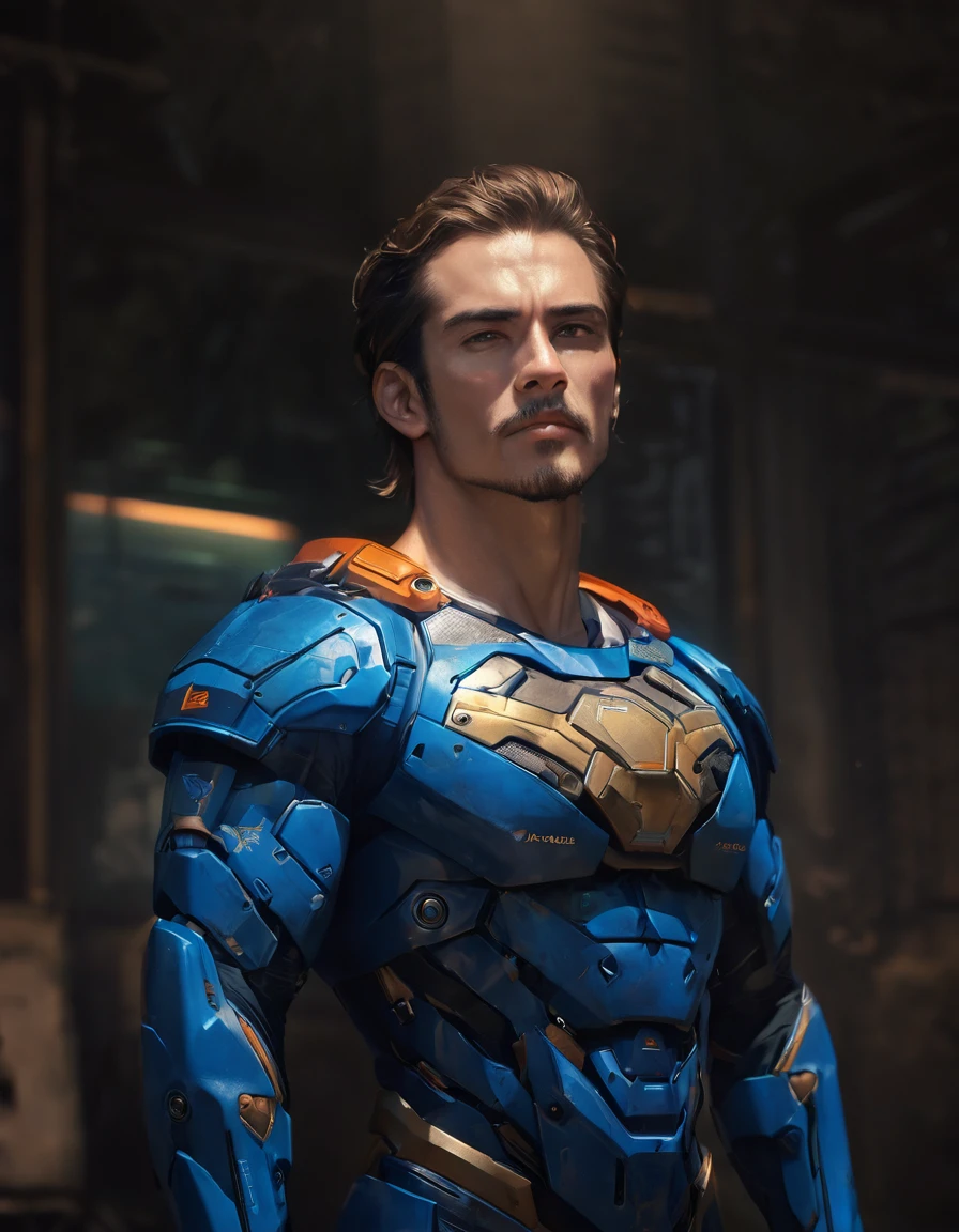 (A muscular man:vivid colors,realistic, ((masterpiece)), ((best quality)), (detailed), cinematic, dynamic lighting, soft shadow, detailed background, professional photography, depth of field, intricate, detailed face, subsurface scattering, realistic hair, realistic eyes, muscular, manly, photo of a handsome man, mech4rmor, wearing mechanical paladin armor, glowing, holding shield, dynamic pose, fighting stance, Your skin has a pattern of lighter and darker spots that help it camouflage itself in its surroundings.. Your skin also has a layer of mucus that protects you from bacteria and parasites., y le permite regular su temperatura corporal. Su piel es sensible al tacto y al calor, and can change color depending on your mood. Su traje es una armadura ligera y ajustada que cubre su torso, sus brazos y sus piernas. His suit is made of a synthetic material that adapts to his shape and movements., y que tiene propiedades aislantes y reflectantes. Su traje tiene varios bolsillos y compartimentos donde guarda sus herramientas y armas. His suit also has an integrated communication system that allows him to contact his allies or enemies.. Hyper realistic 8K cinematography. ,Traje Cyberpunk, obra maestra muy bien detallada, Illustration by Hetera, dark ilumination, Spectral illumination