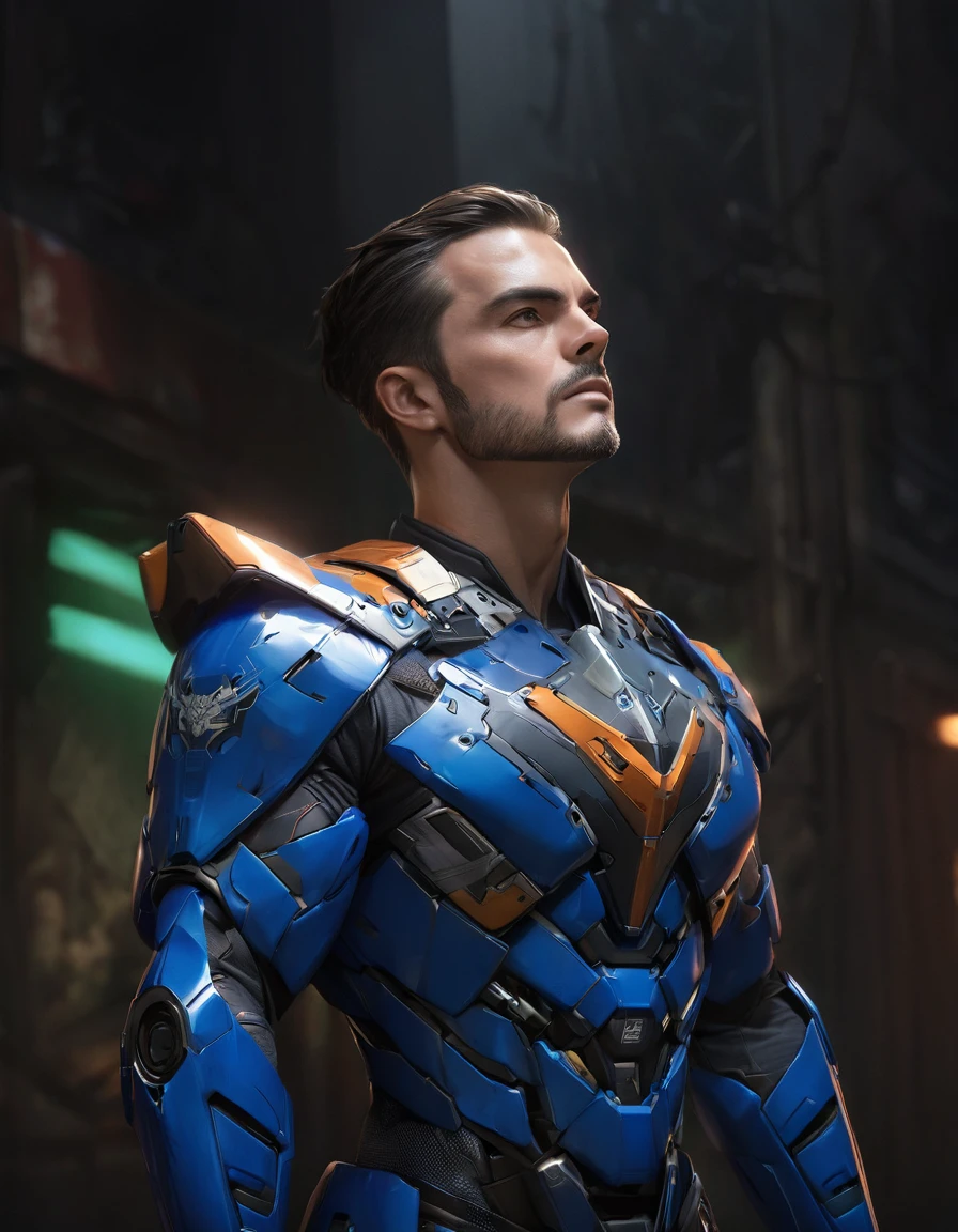 (A muscular man:vivid colors,realistic, ((masterpiece)), ((best quality)), (detailed), cinematic, dynamic lighting, soft shadow, detailed background, professional photography, depth of field, intricate, detailed face, subsurface scattering, realistic hair, realistic eyes, muscular, manly, photo of a handsome man, mech4rmor, wearing mechanical paladin armor, glowing, holding shield, dynamic pose, fighting stance, Your skin has a pattern of lighter and darker spots that help it camouflage itself in its surroundings.. Your skin also has a layer of mucus that protects you from bacteria and parasites., y le permite regular su temperatura corporal. Su piel es sensible al tacto y al calor, and can change color depending on your mood. Su traje es una armadura ligera y ajustada que cubre su torso, sus brazos y sus piernas. His suit is made of a synthetic material that adapts to his shape and movements., y que tiene propiedades aislantes y reflectantes. Su traje tiene varios bolsillos y compartimentos donde guarda sus herramientas y armas. His suit also has an integrated communication system that allows him to contact his allies or enemies.. Hyper realistic 8K cinematography. ,Traje Cyberpunk, obra maestra muy bien detallada, Illustration by Hetera, dark ilumination, Spectral illumination